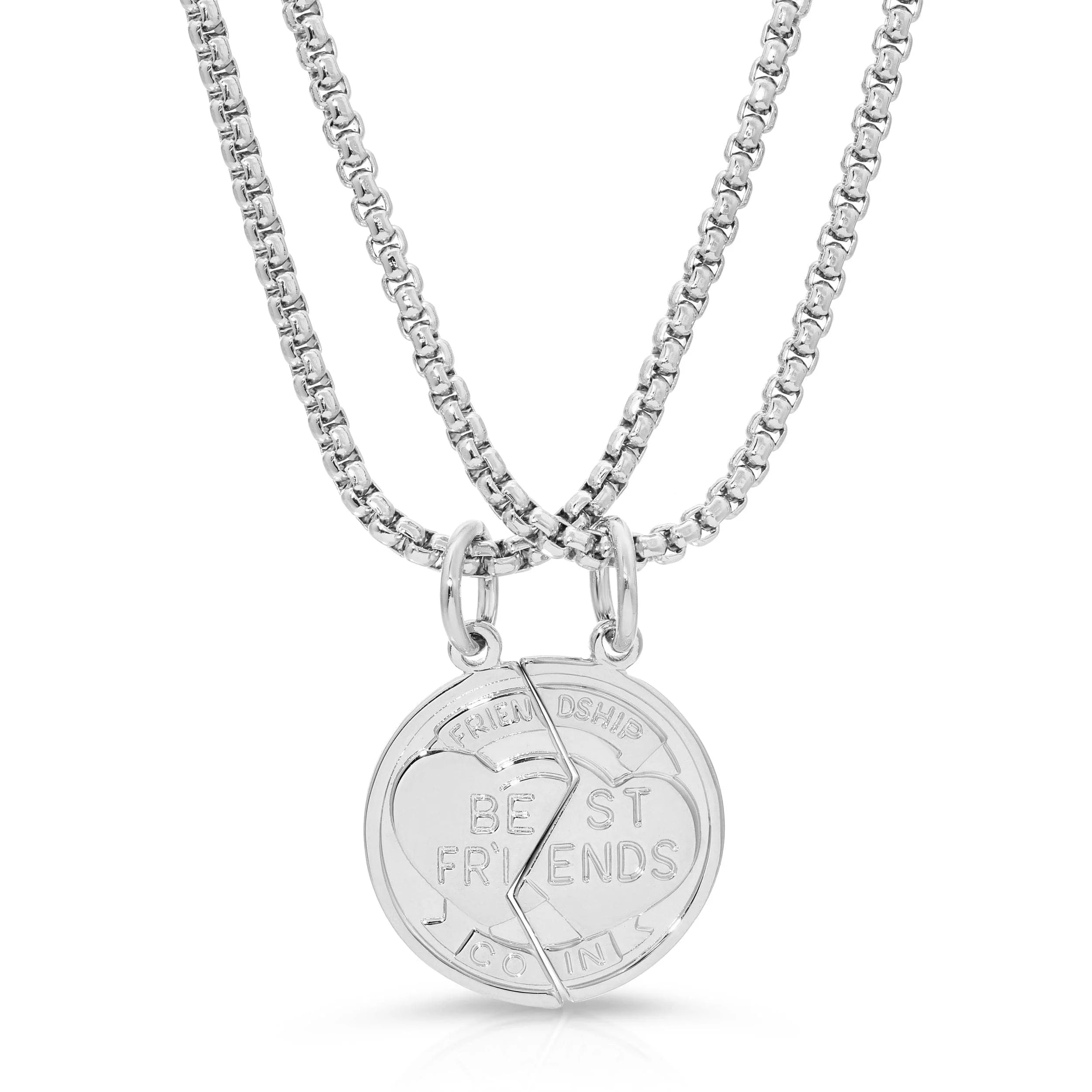 Silver friendship necklaces featuring best friend coin charms, perfect for separate necklaces meant to symbolize friendship