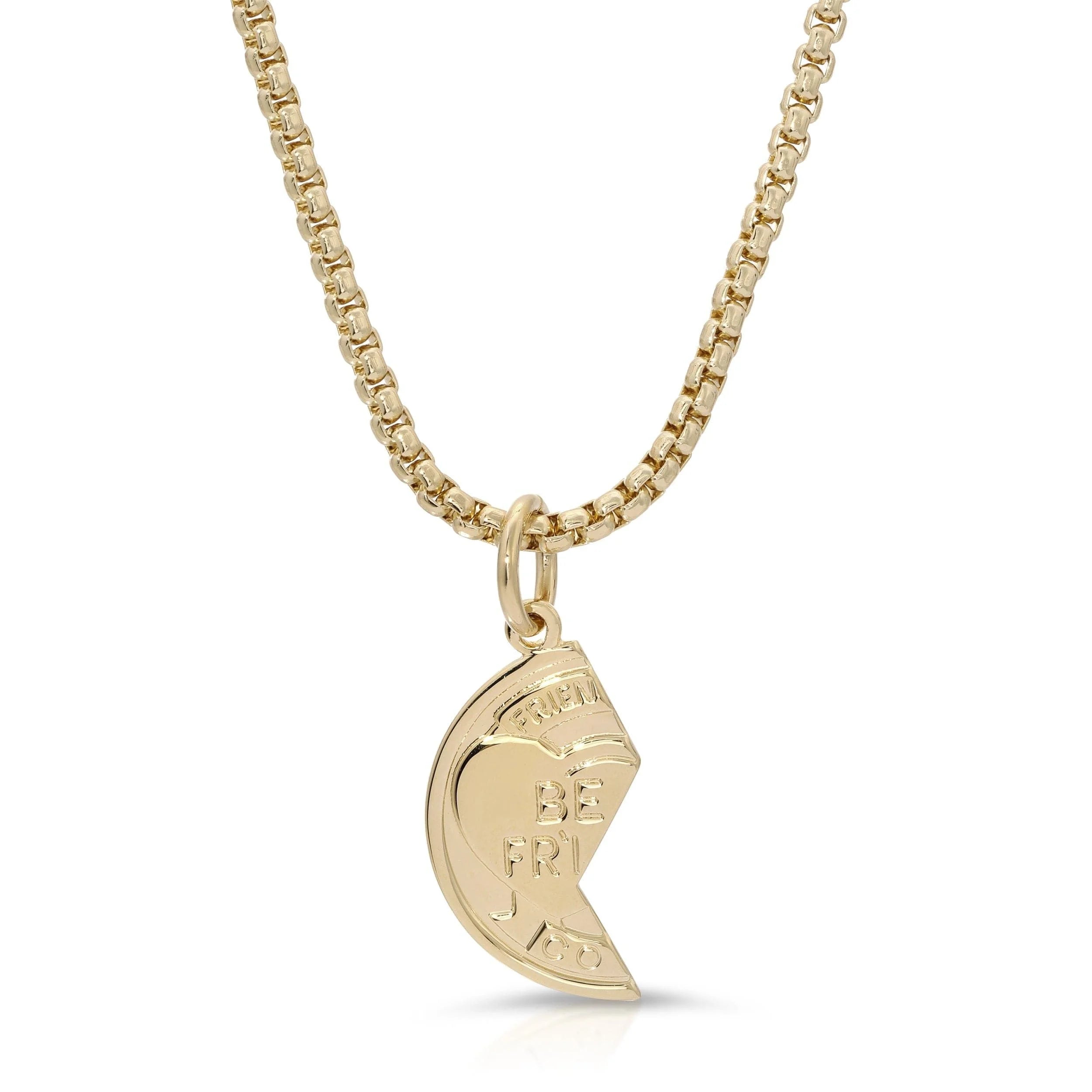 Gold best friends necklace featuring a best friend coin for separate necklaces meant to unite friends