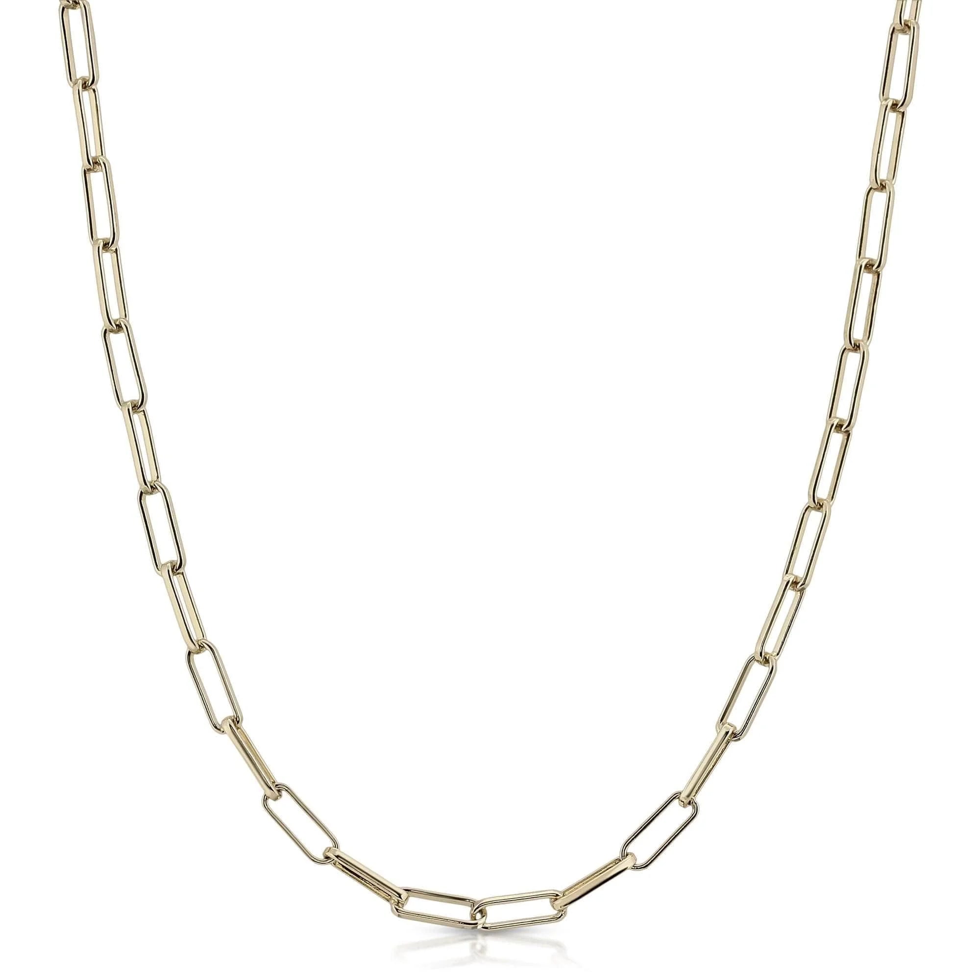 Elongated link chain with recycled brass plating 14k gold finish for a stylish look