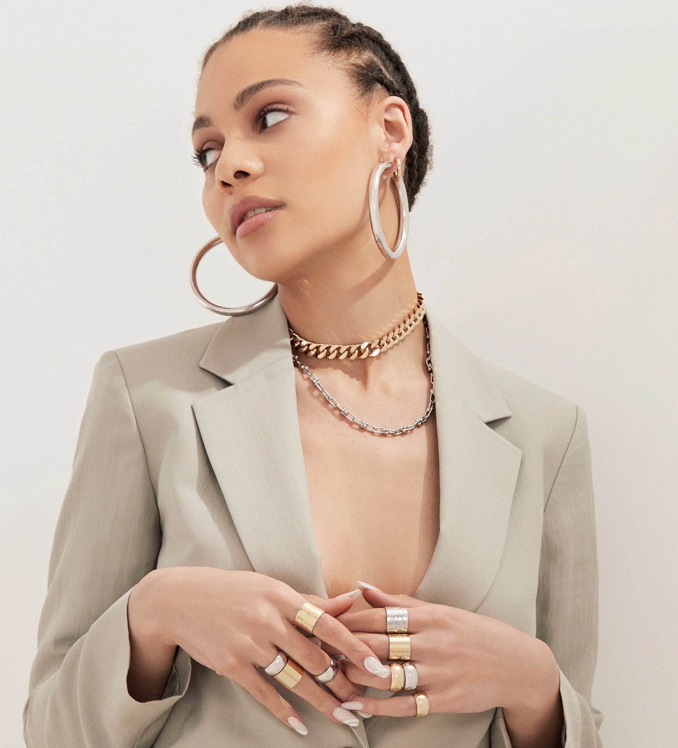 Woman wearing stylish 2.5 inch Ryan Hoops jewelry in cool outfit