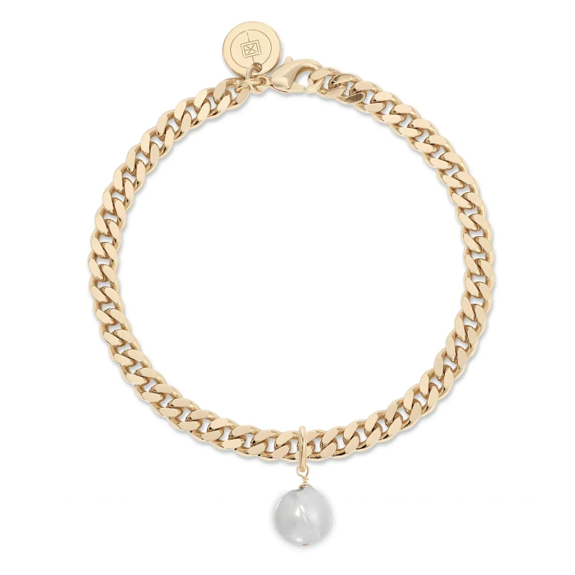 Gold curb chain bracelet with spherical white pearl charm for elegant jewelry style