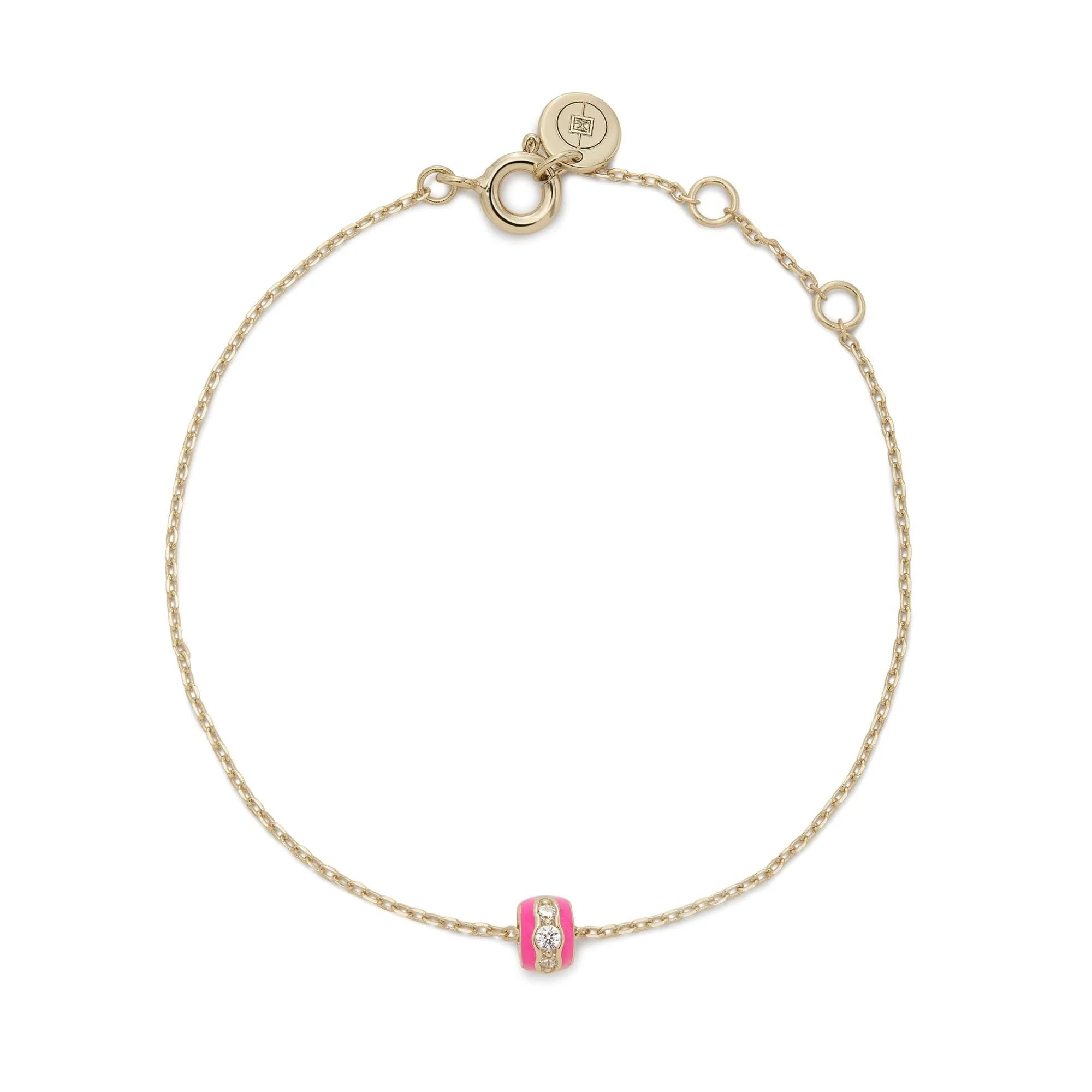 Gold chain bracelet with pink enamel and diamond cylindrical charm for Pink Enamel & CZ Channel Rondelle Bracelet