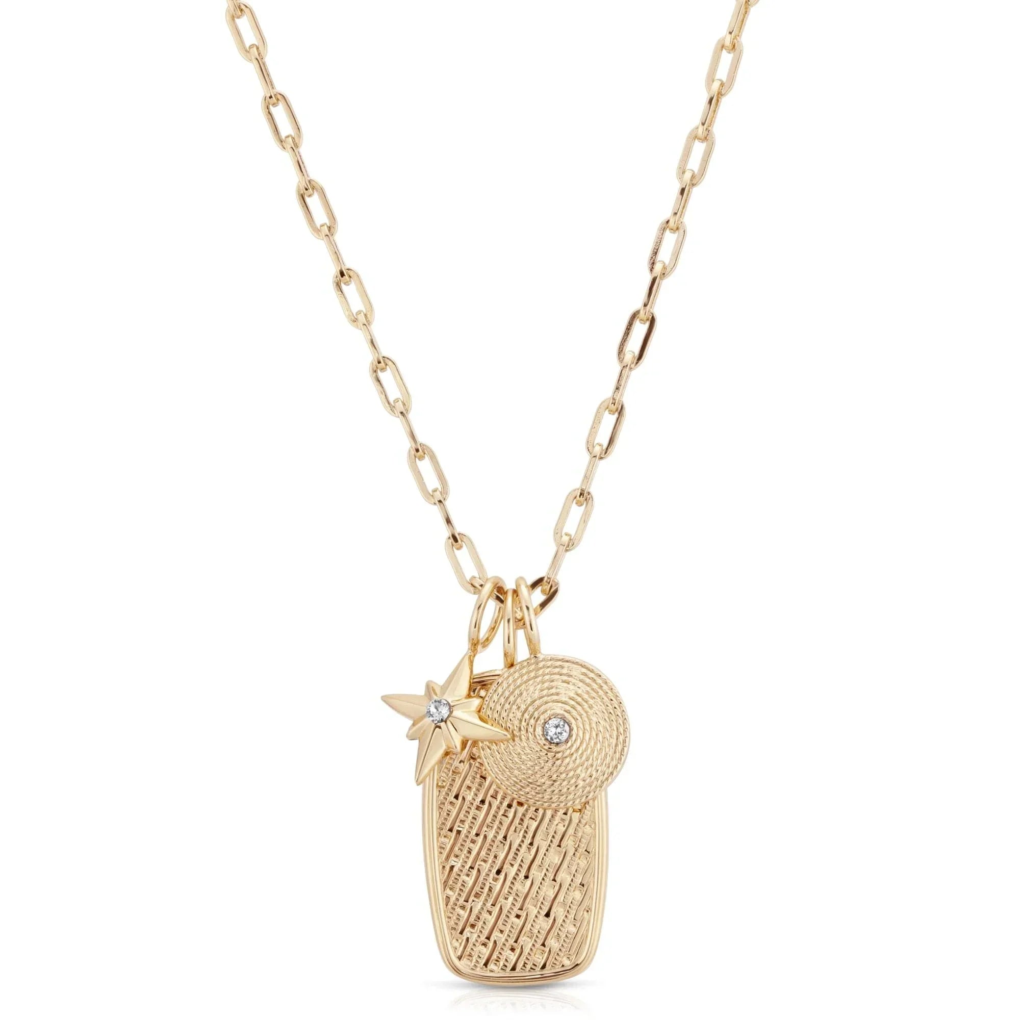 Gold-toned Caitlin Charm Necklace hanging on display for stylish gift idea