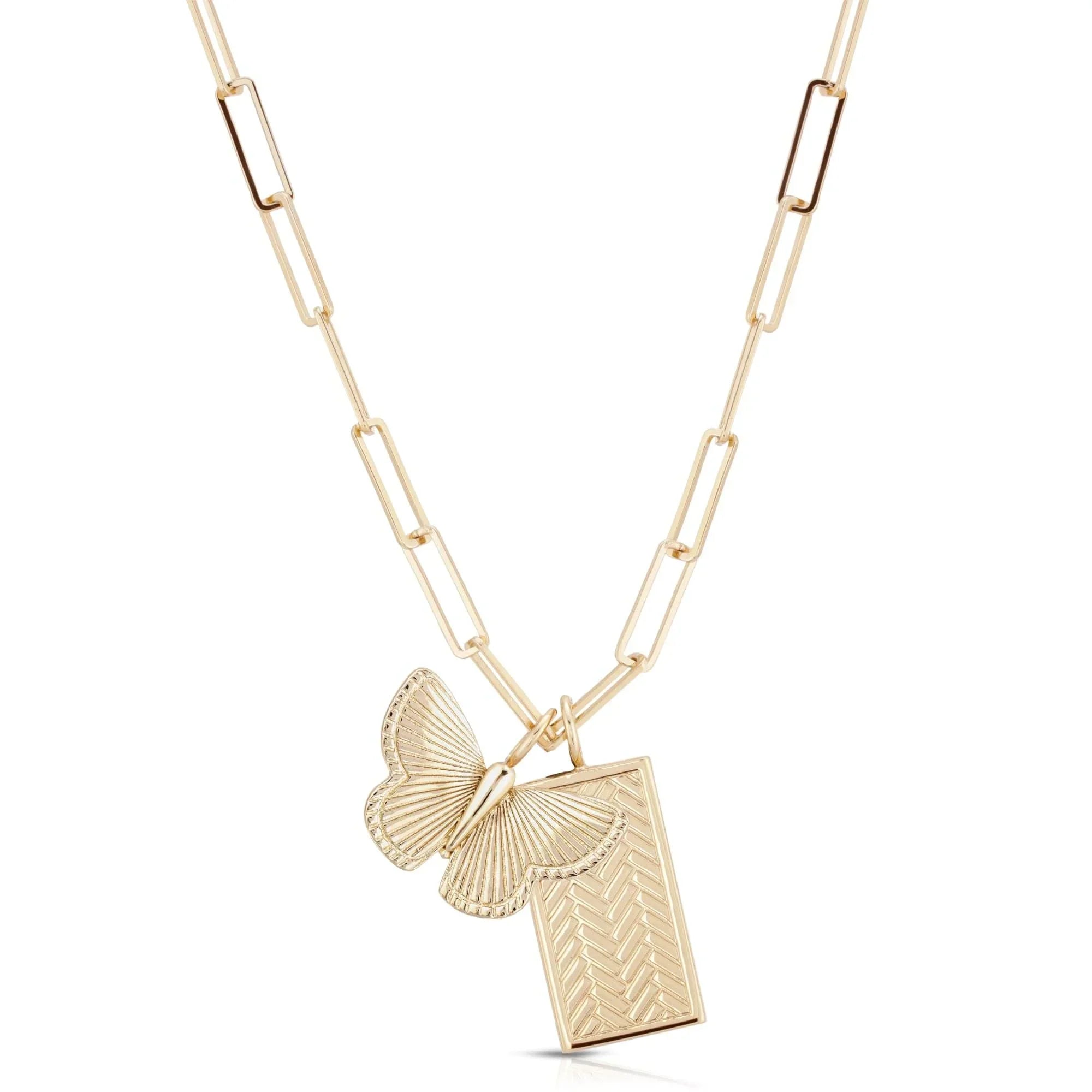Gold chain necklace with butterfly and rectangular pendants from Callen Charm Necklace