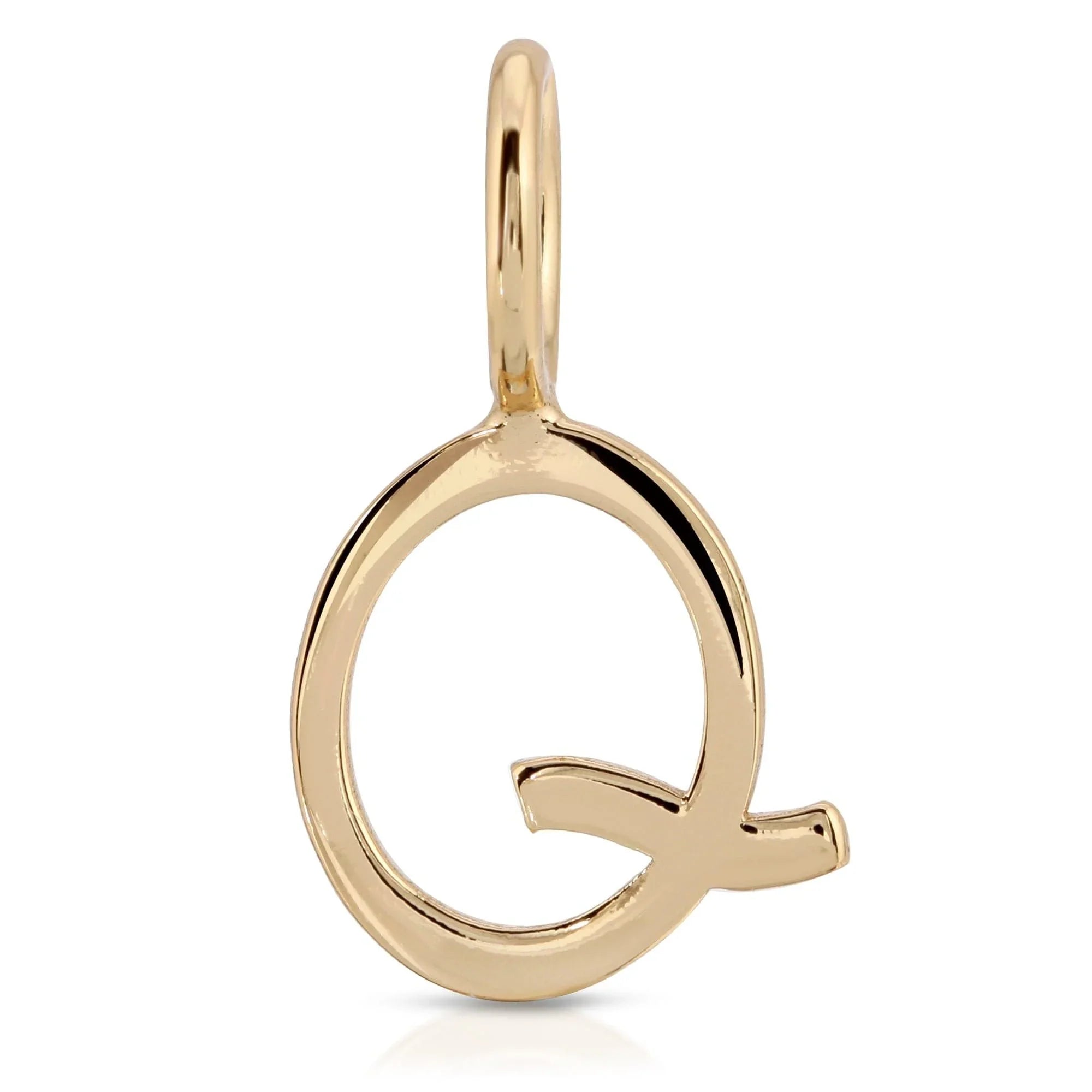 Gold letter Q pendant from Essential Letters collection hanging on a chain