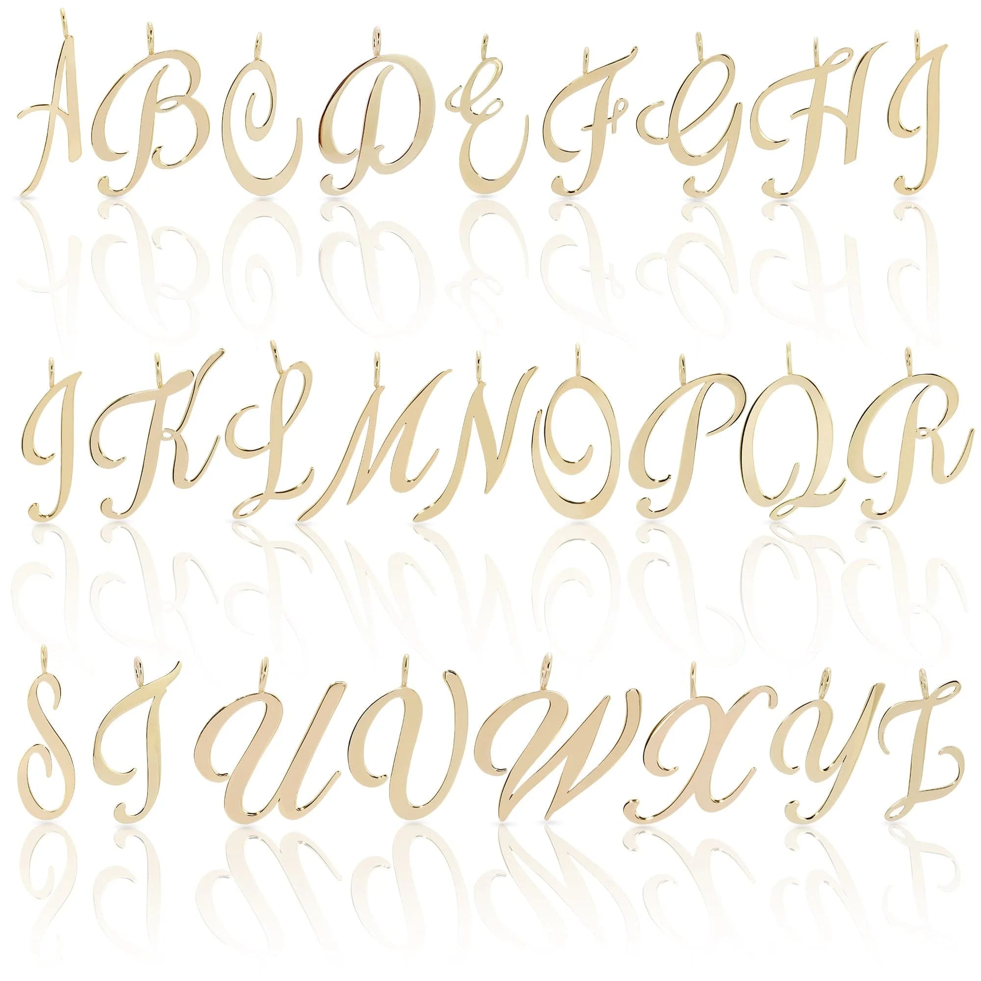 Gold cursive alphabet pendant pictured on a Large Letter Pendant display
