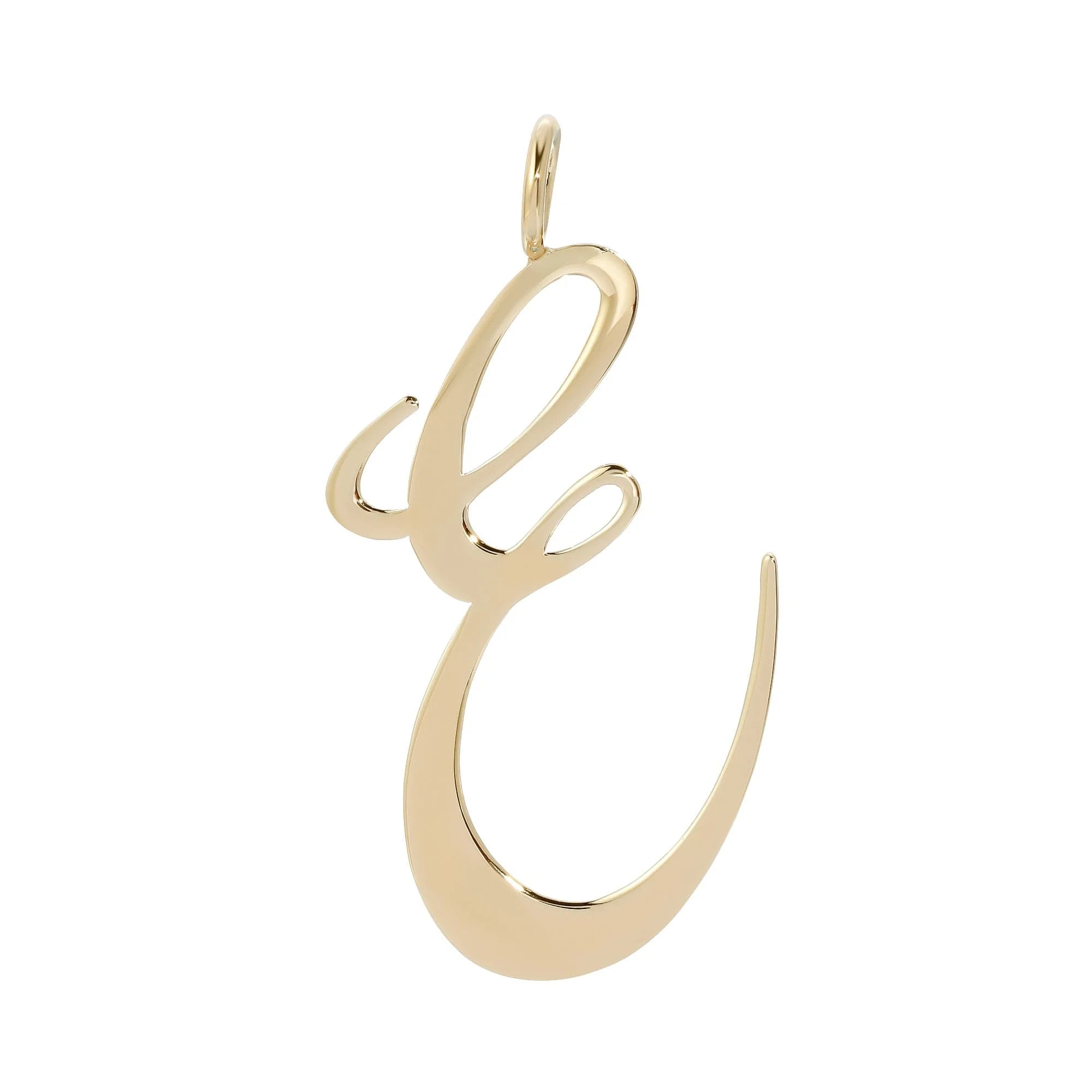 Shiny Gold Cursive Letter E Pendant on a chain perfect for Custom Jewelry