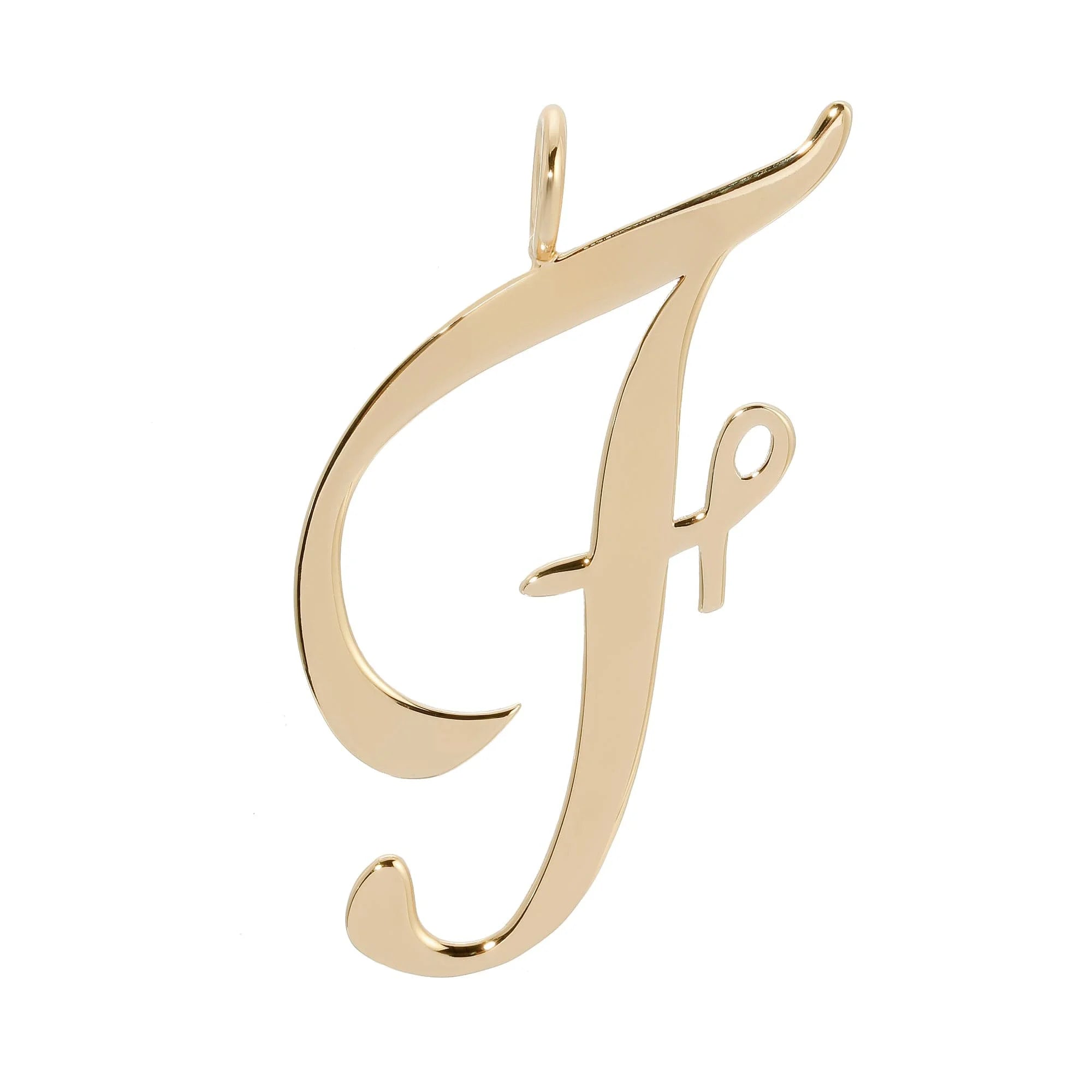 Gold cursive letter F pendant from the Large Letter Pendants collection
