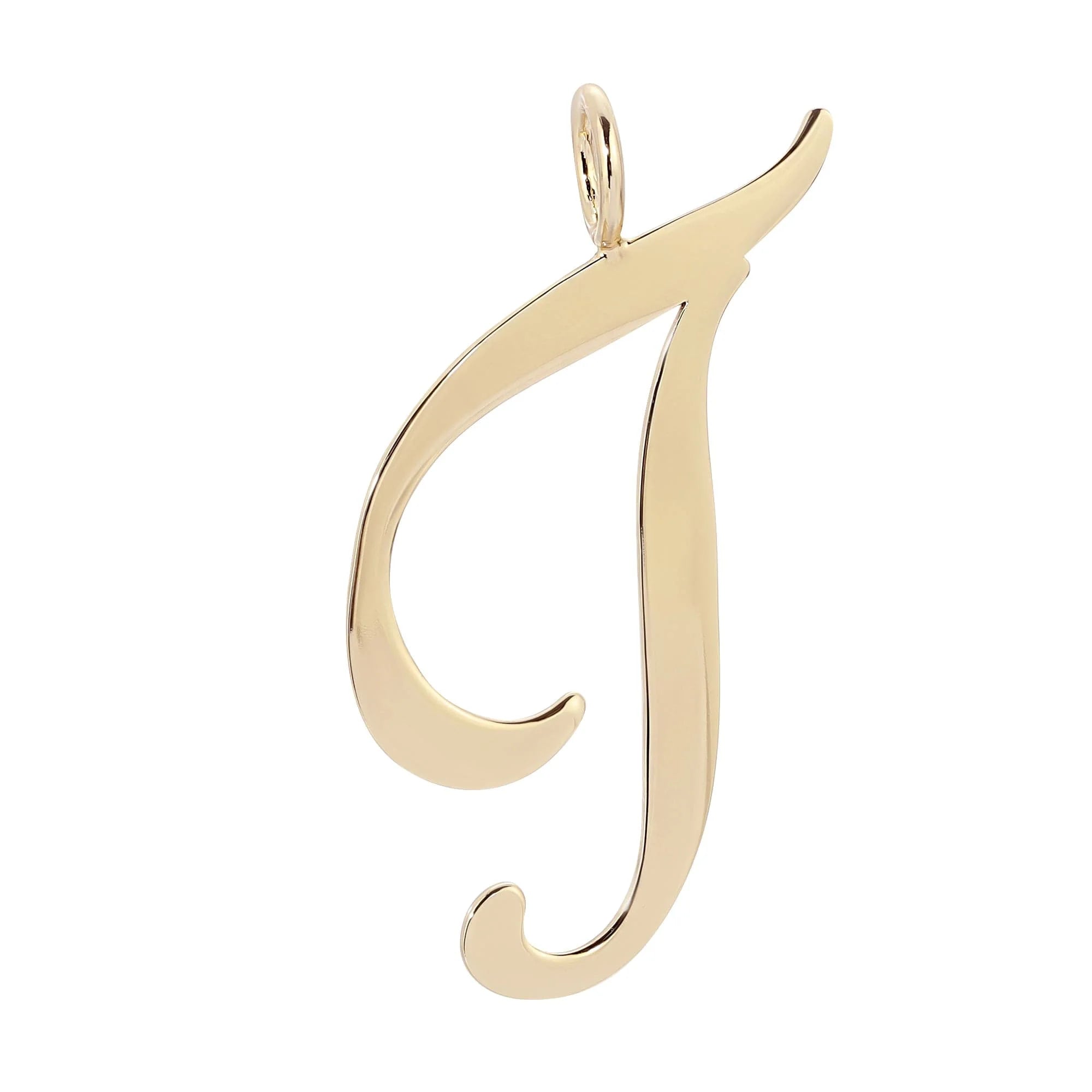 Gold cursive J pendant from Large Letter Pendants adds a stylish touch to any look