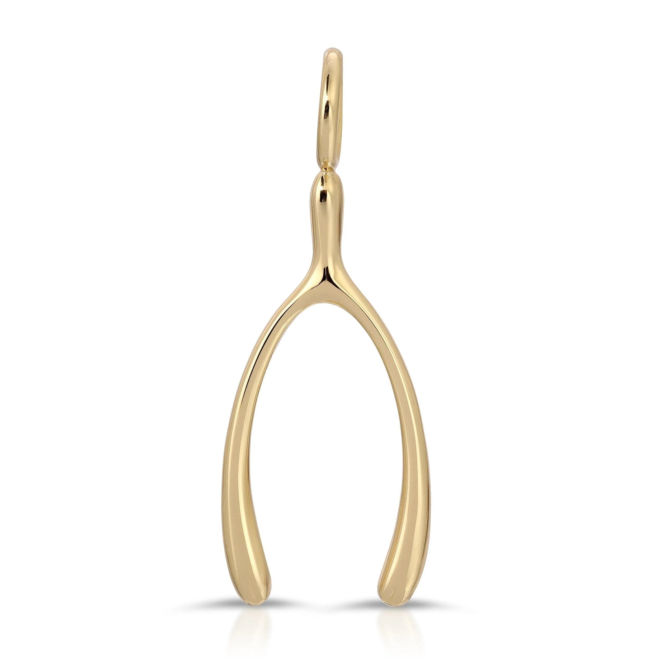 Shiny gold wishbone pendant from Make A Wish-Bone Pendant collection on display