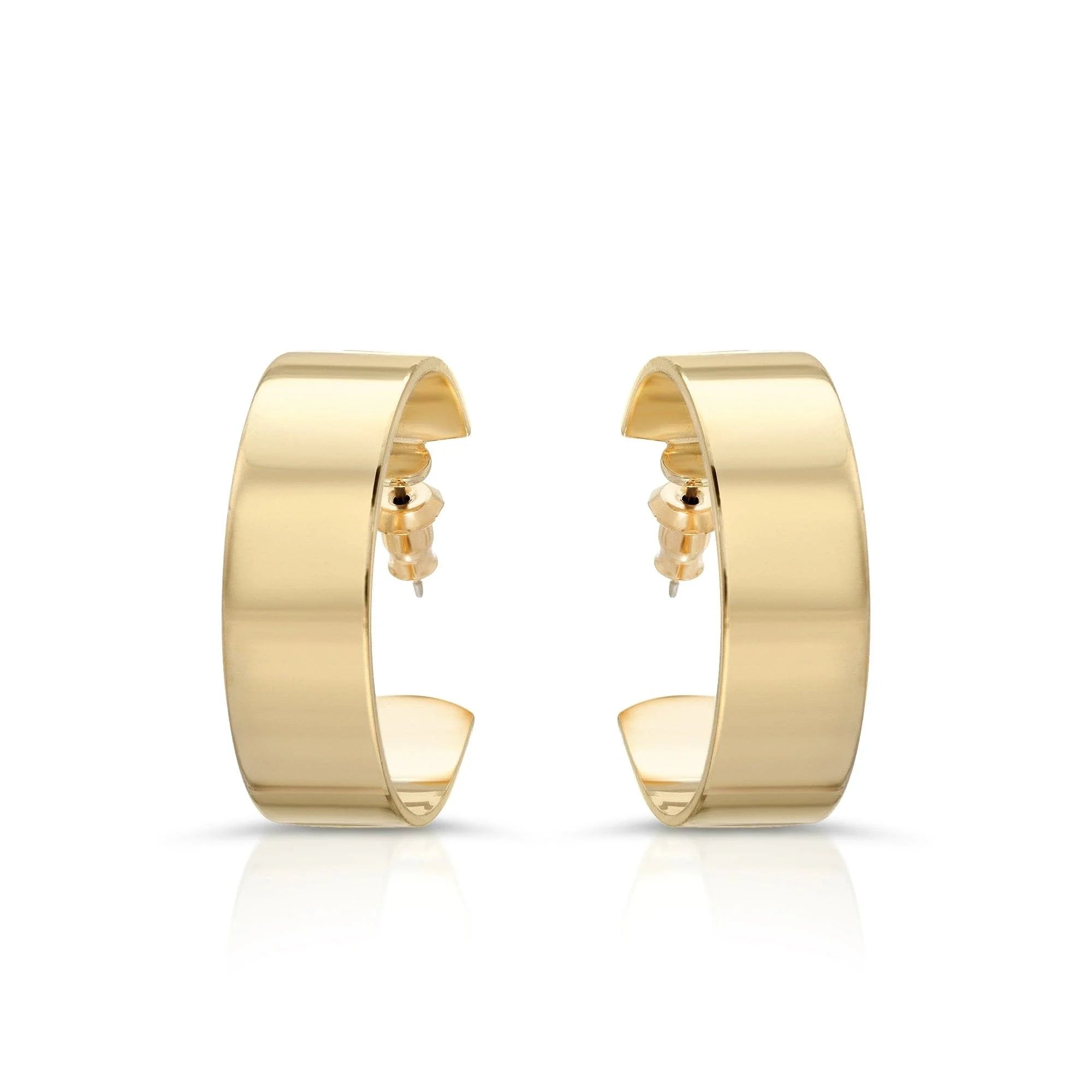 Shiny gold Skylar Hoops earrings showing off their stylish 1-inch size