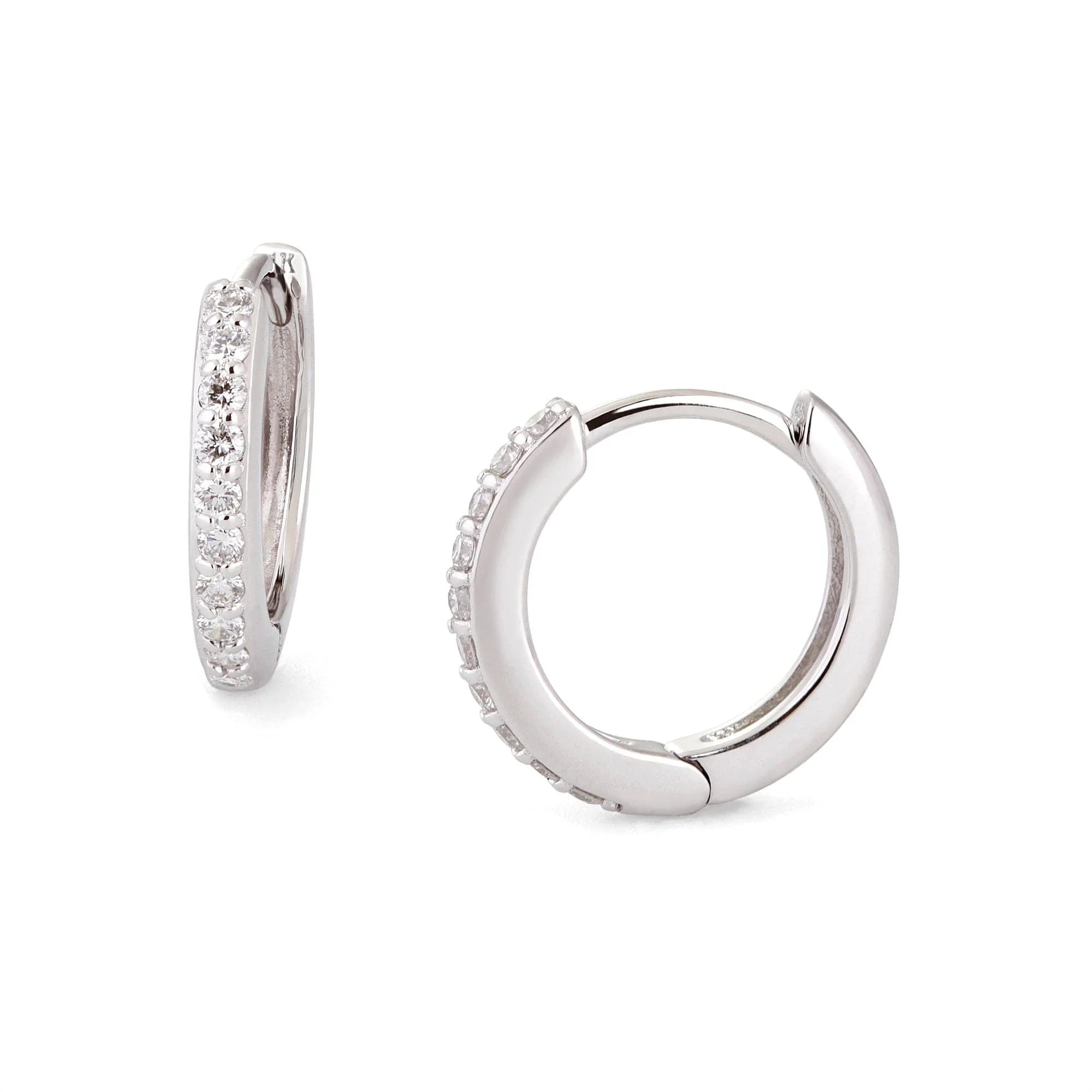 Silver hoop earrings with embedded crystals from 12.5mm Diamond And 14K White Gold Huggies
