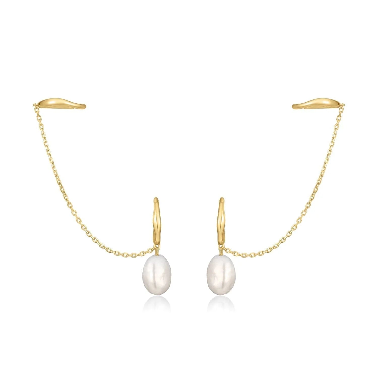 Gold chain and pearl earrings from 14K Earcuff & Pearl Drop Huggie Hoop Earrings collection