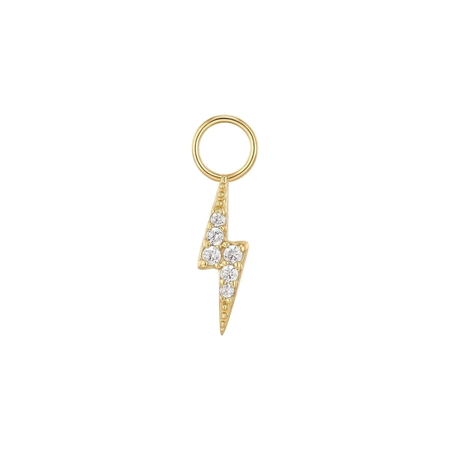 Gold lightning bolt charm with embedded crystals on CZ Bolt Hoop Charm jewelry
