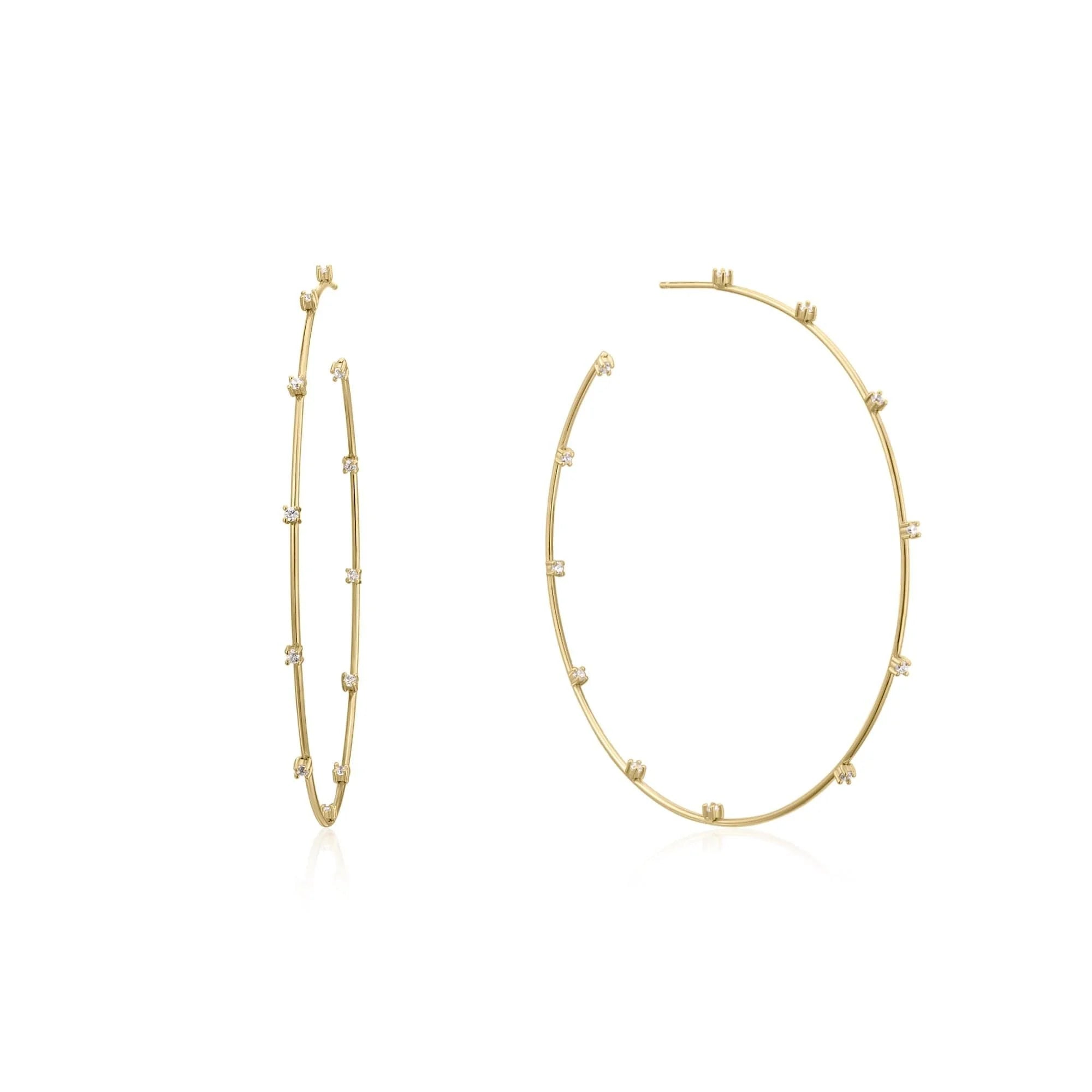 Gold hoop earrings with embedded gems from CZ Studded Thin Oversized Hoops collection