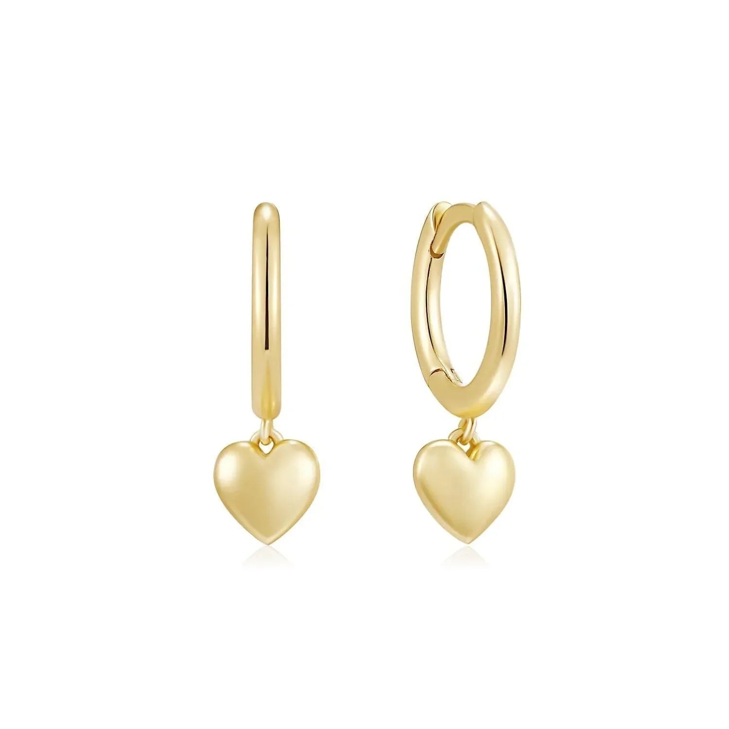 Gold heart hoop earrings from the Huggie Hoop With Micro Heart Charm Drop collection