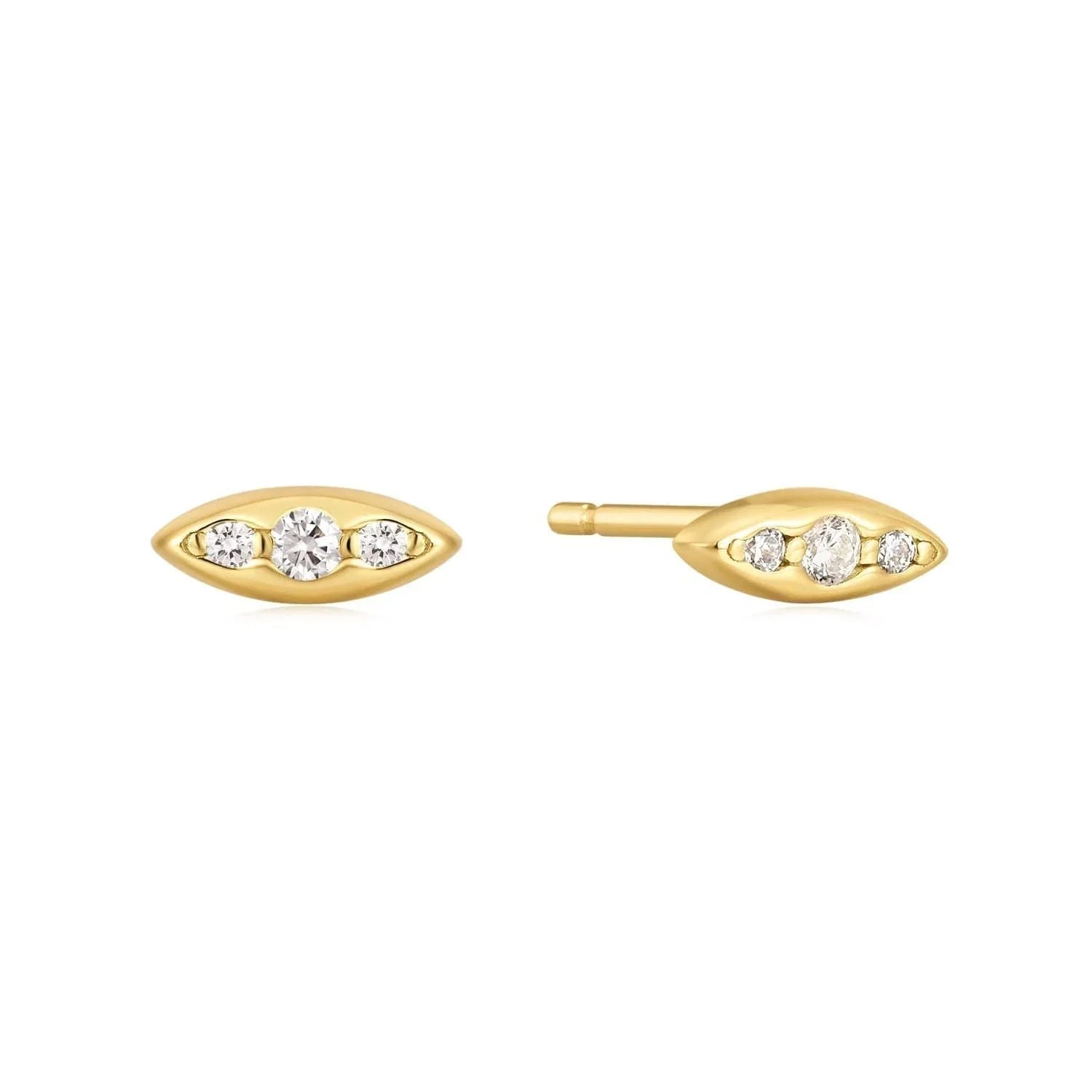 Gold and diamond stud earrings with Marquise shape in the Triple CZ Marquis Shaped Studs product