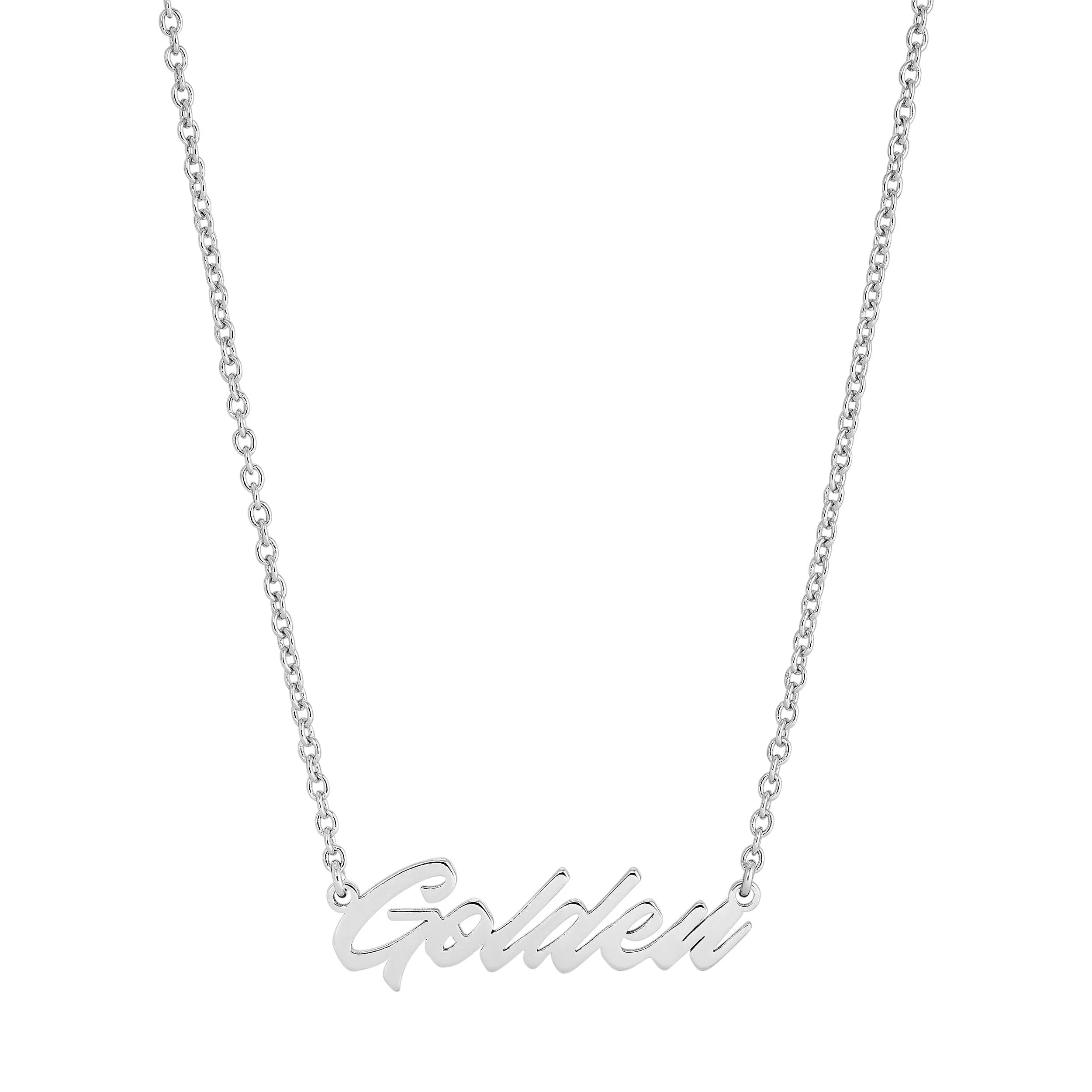 Silver golden name necklace displayed on a necklace chain for stylish sparkle