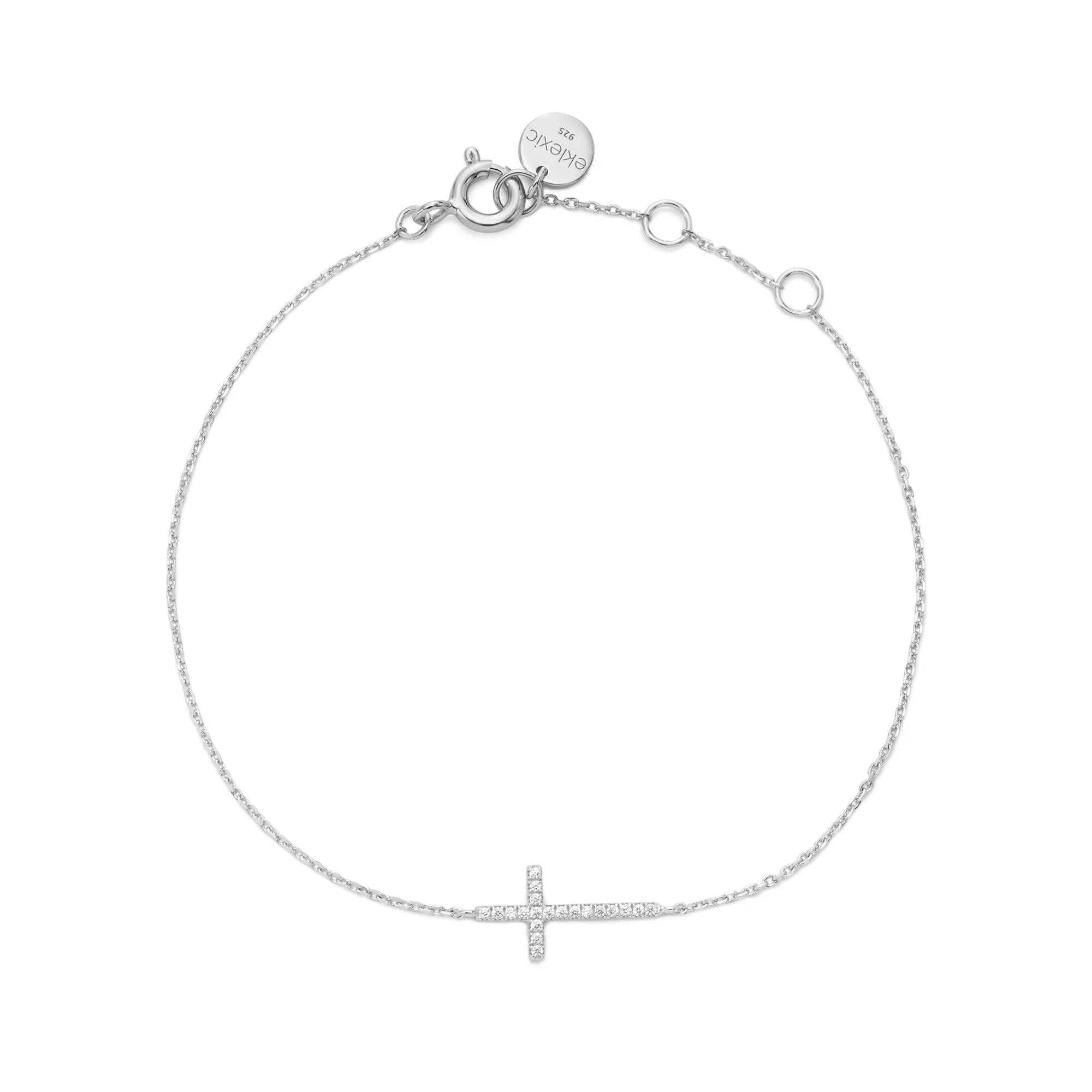 Horizontal CZ Cross Bracelet - Rhodium Plated Sterling Silver