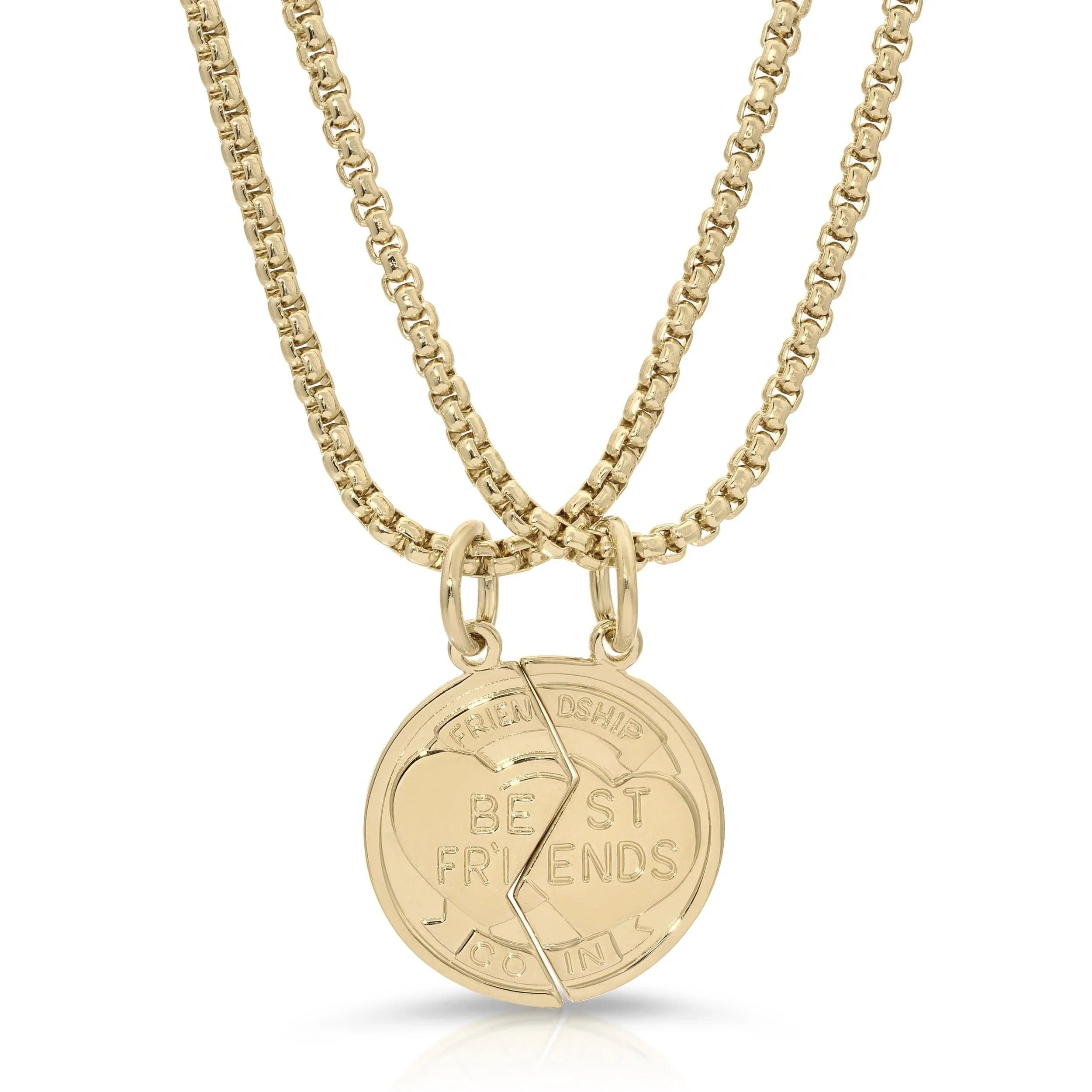 Gold best friends necklace from Best Friend Coin Necklaces collection showing two friendship pendants