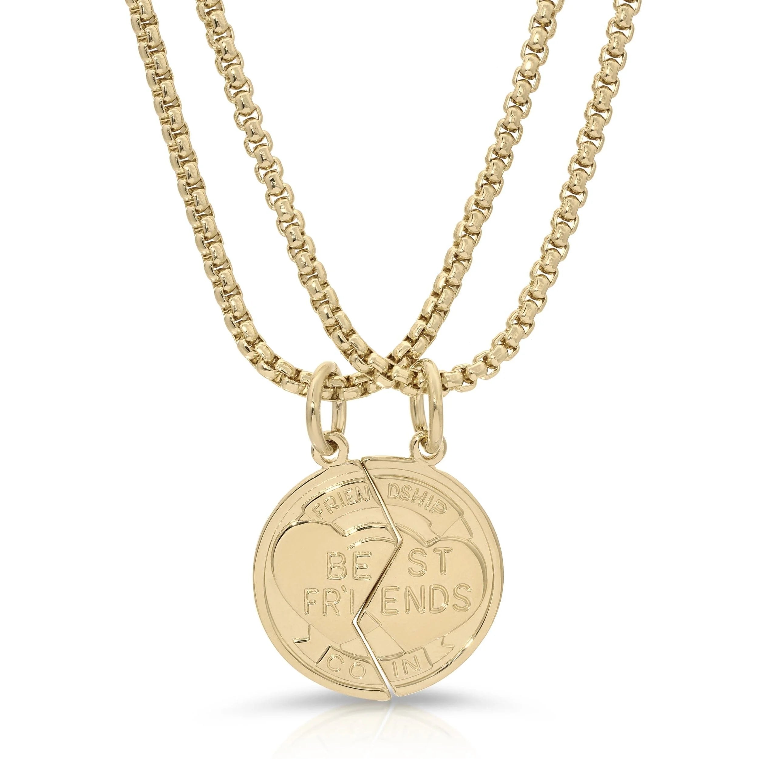 Gold best friends necklace from Best Friend Coin Necklaces collection showing two friendship pendants