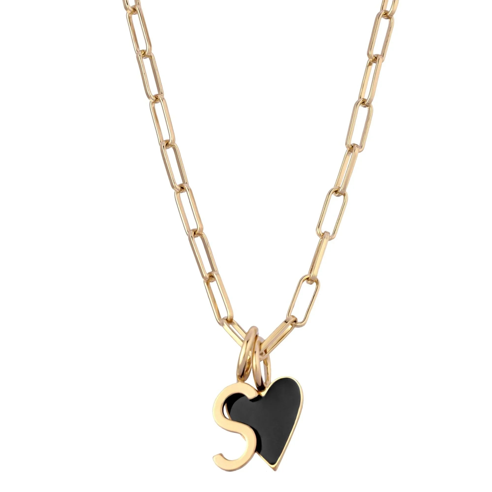 Gold chain necklace with black heart and S charm from Caras Black Enamel Charm Necklace