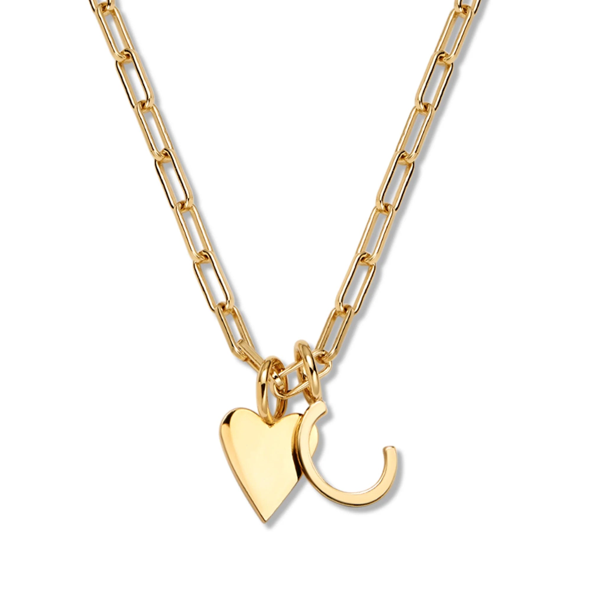 Gold paperclip chain necklace with heart and initial C charms for the Cara Charm Necklace