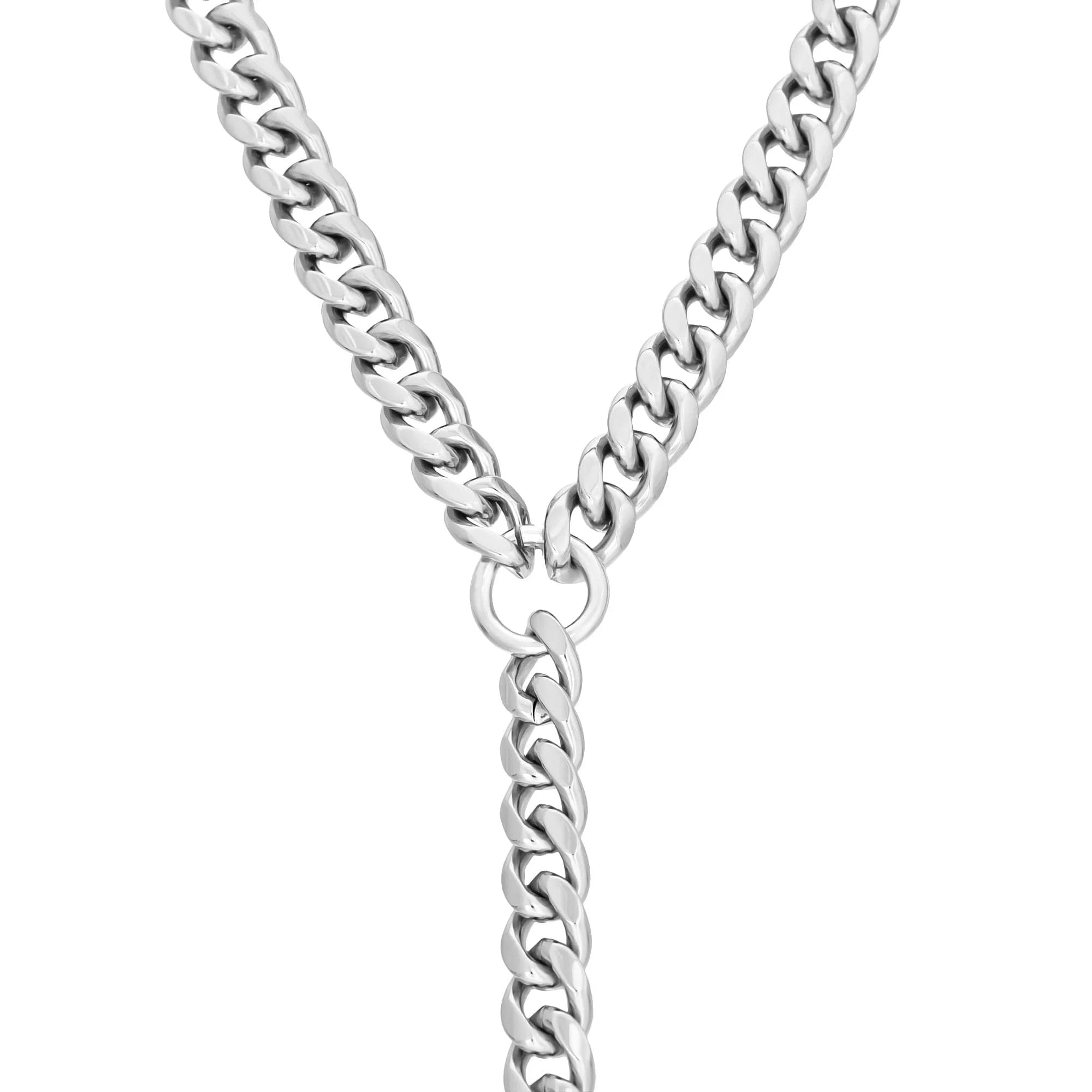 Silver-toned curb chain Y-necklace showcasing the Curb Chain Lariat style