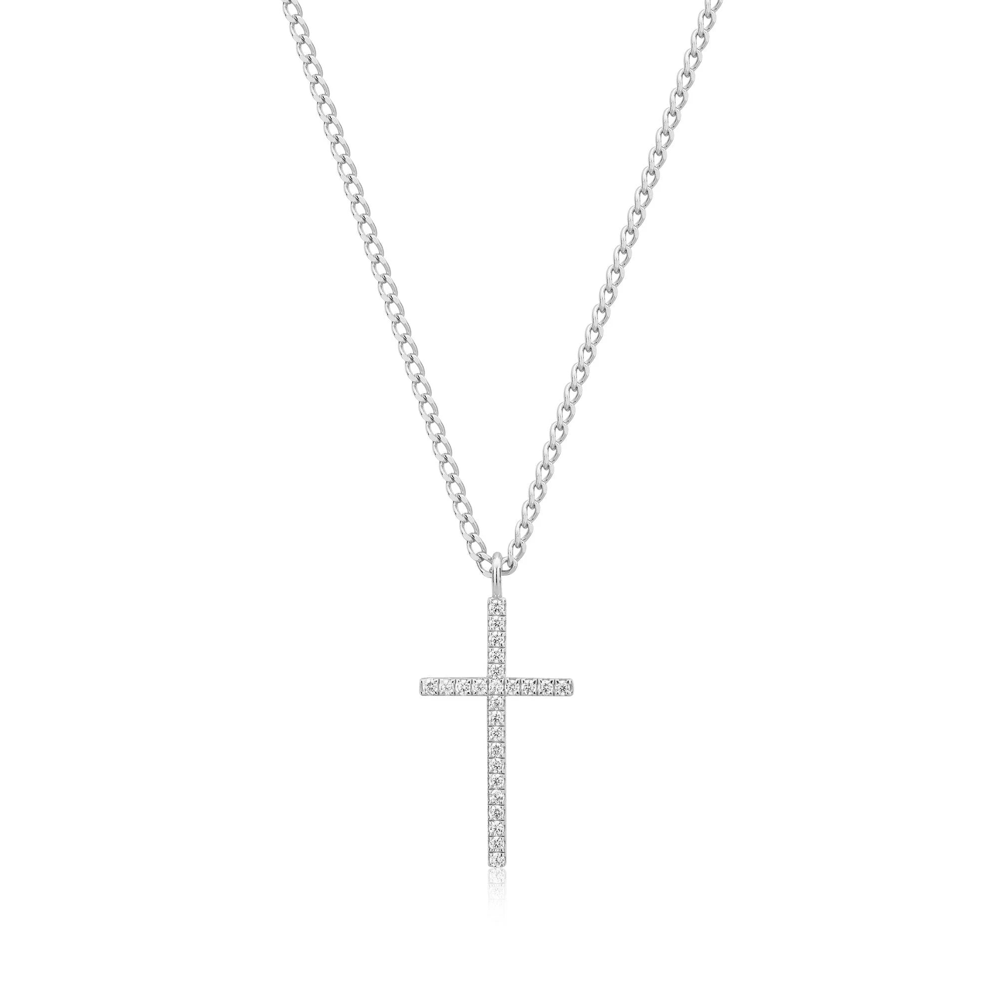 CZ Cross Pendant Necklace - Rhodium Plated Sterling Silver - Pendant Necklaces