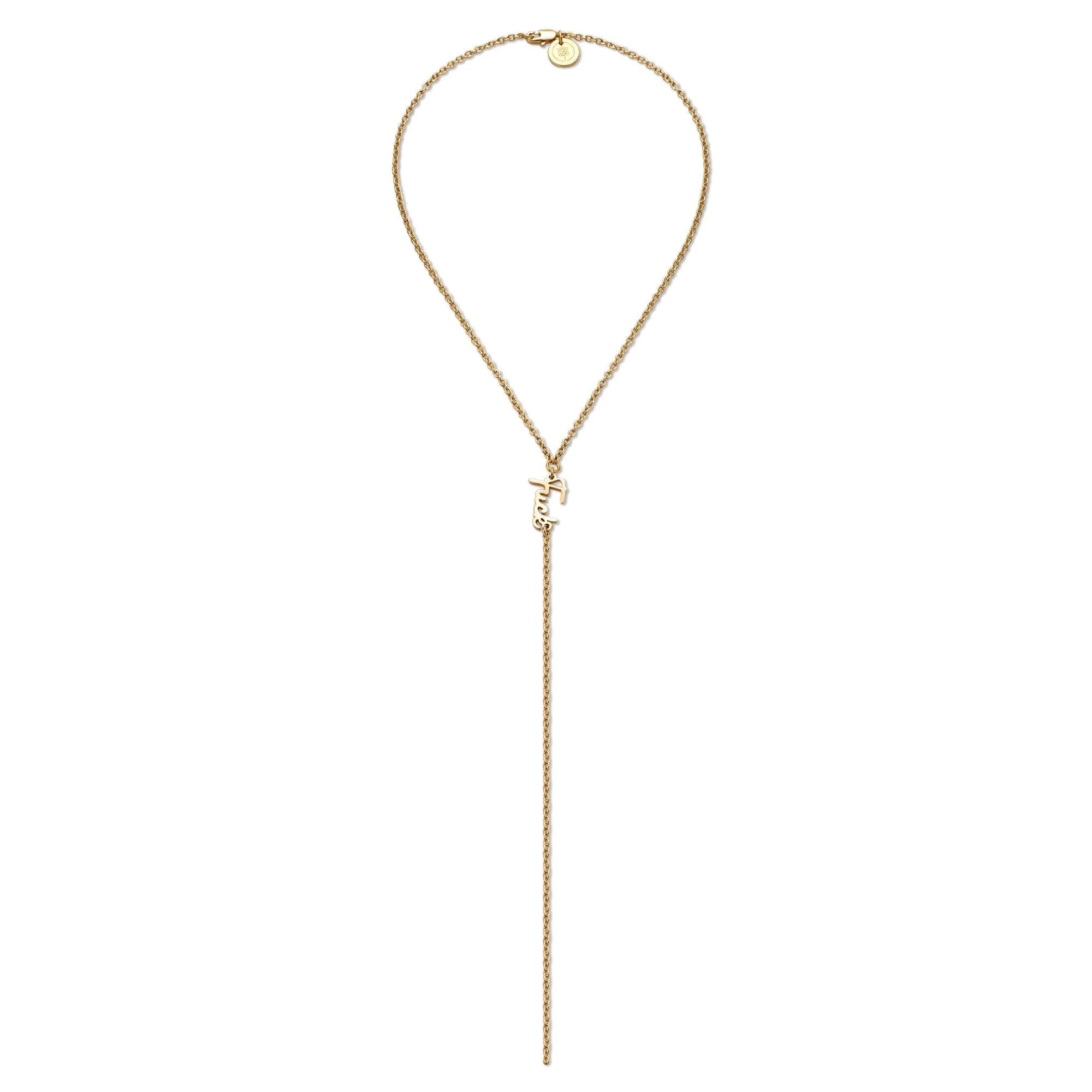 Gold-toned Y-shaped necklace with charm from the Dainty Script Fuck Lariat collection