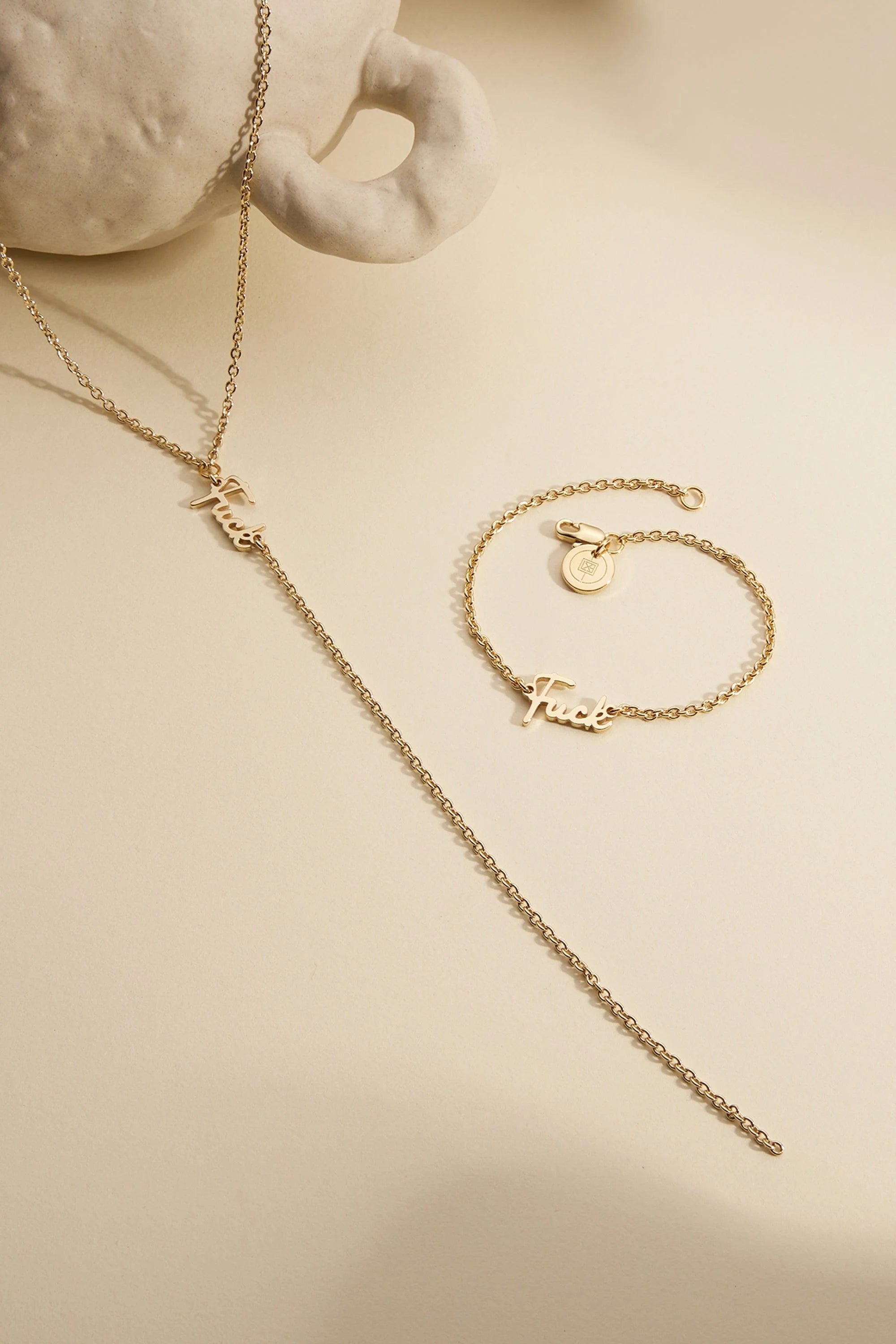 Gold-toned Dainty Script Fuck Lariat Necklace and Bracelet Set for bold style
