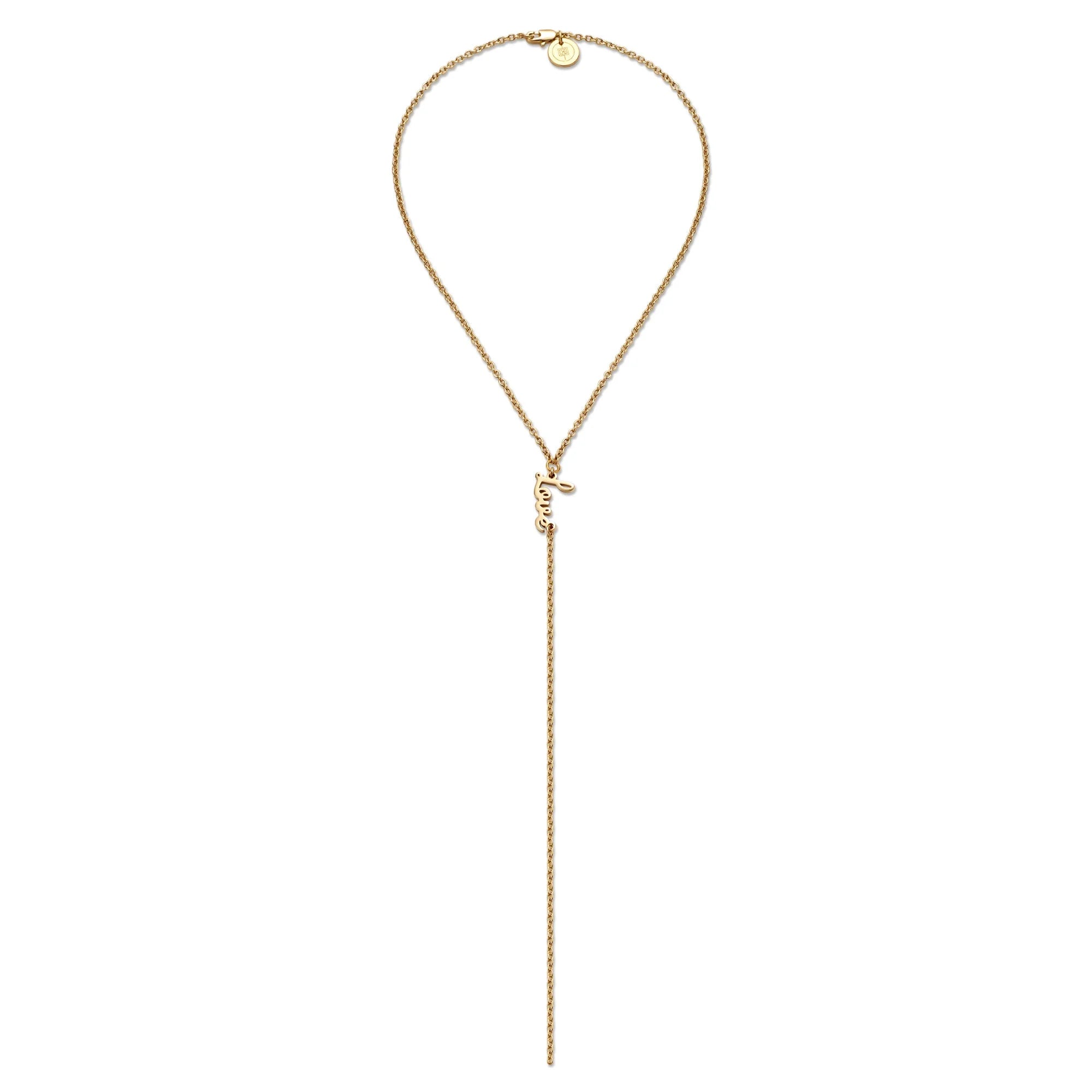 Gold-toned Dainty Script Love Lariat Necklace with letter pendant perfect for stacking