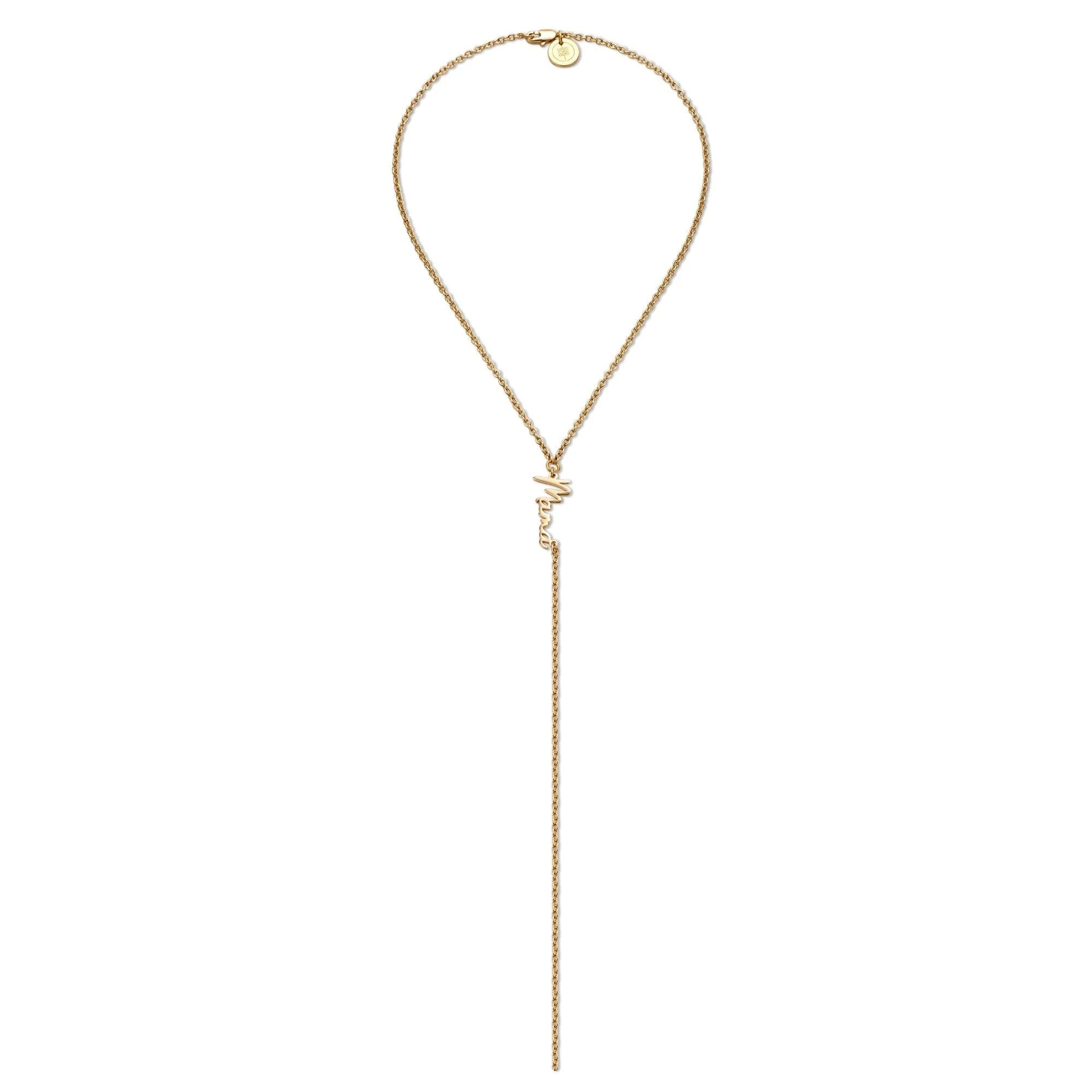 Gold-toned Dainty Script Mama Lariat Necklace with a cursive pendant for stylish moms
