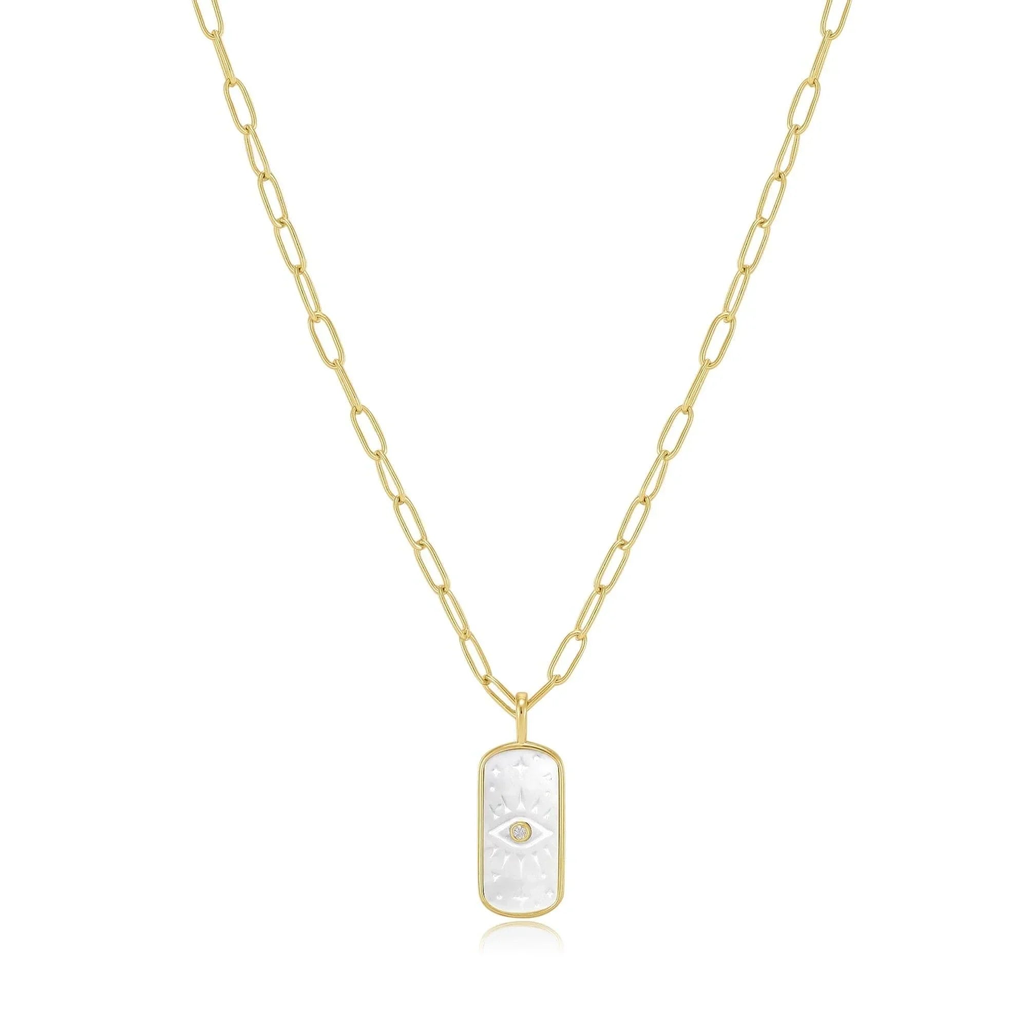 Gold chain necklace with mother-of-pearl evil eye pendant from Evil Eye Mop & CZ Pendant Necklace