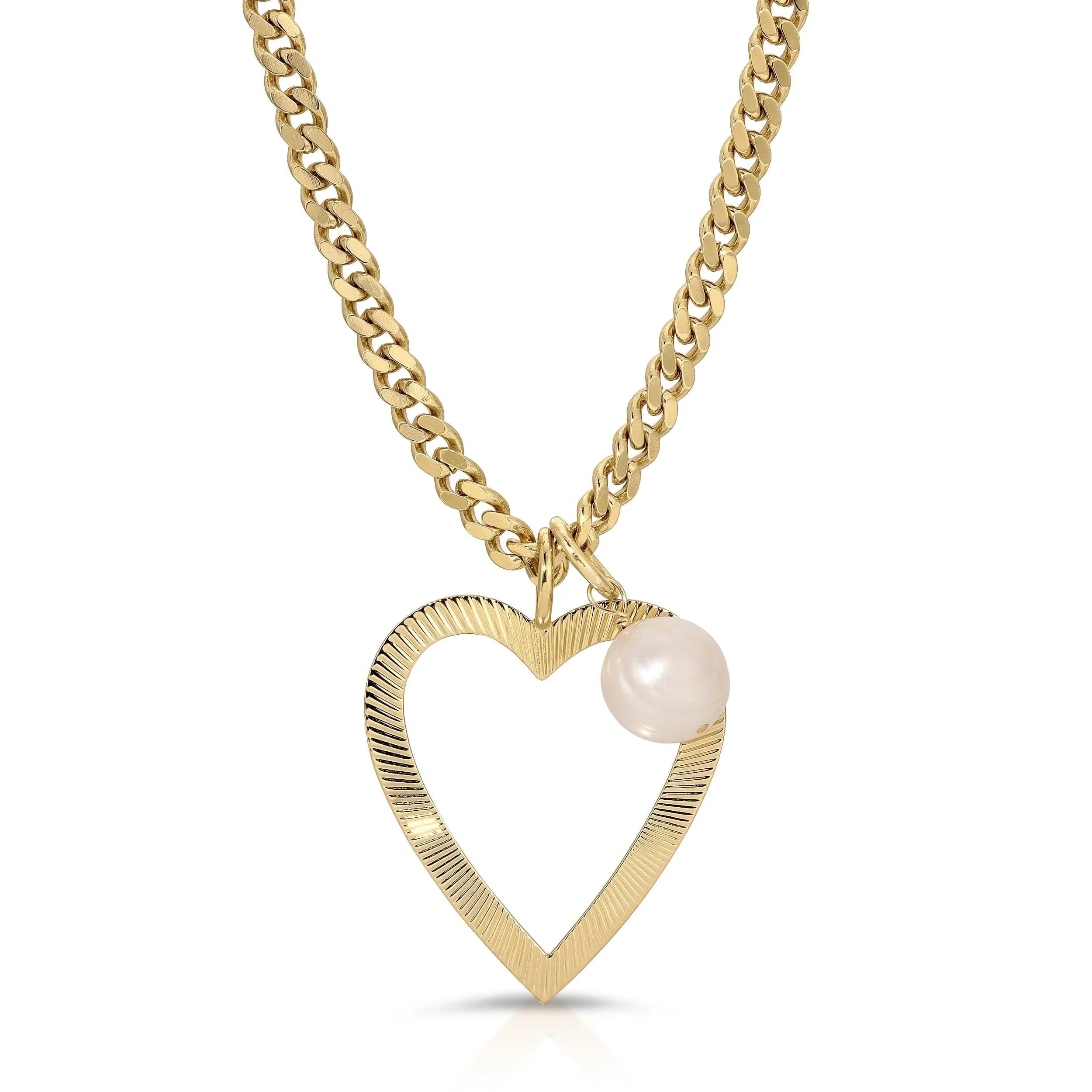 Gold heart pendant necklace with a pearl on the Heart & Pearl Charm Necklace