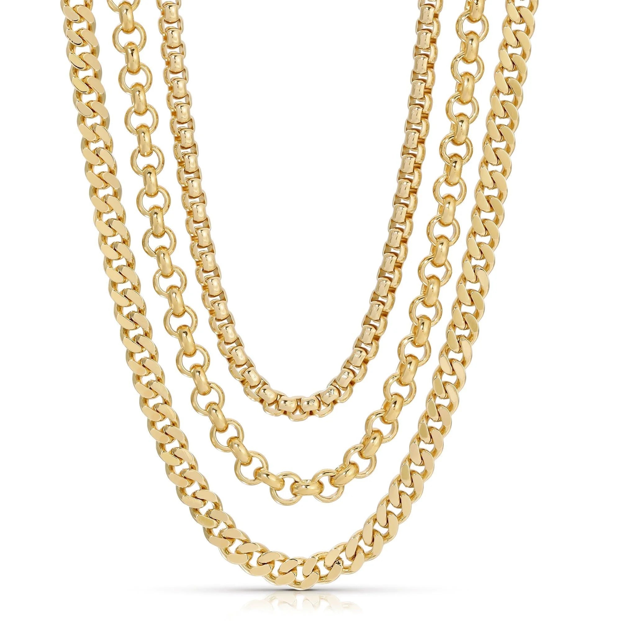 Ludlow Triple Chain Necklace featuring five gold-toned necklaces with varied chain styles