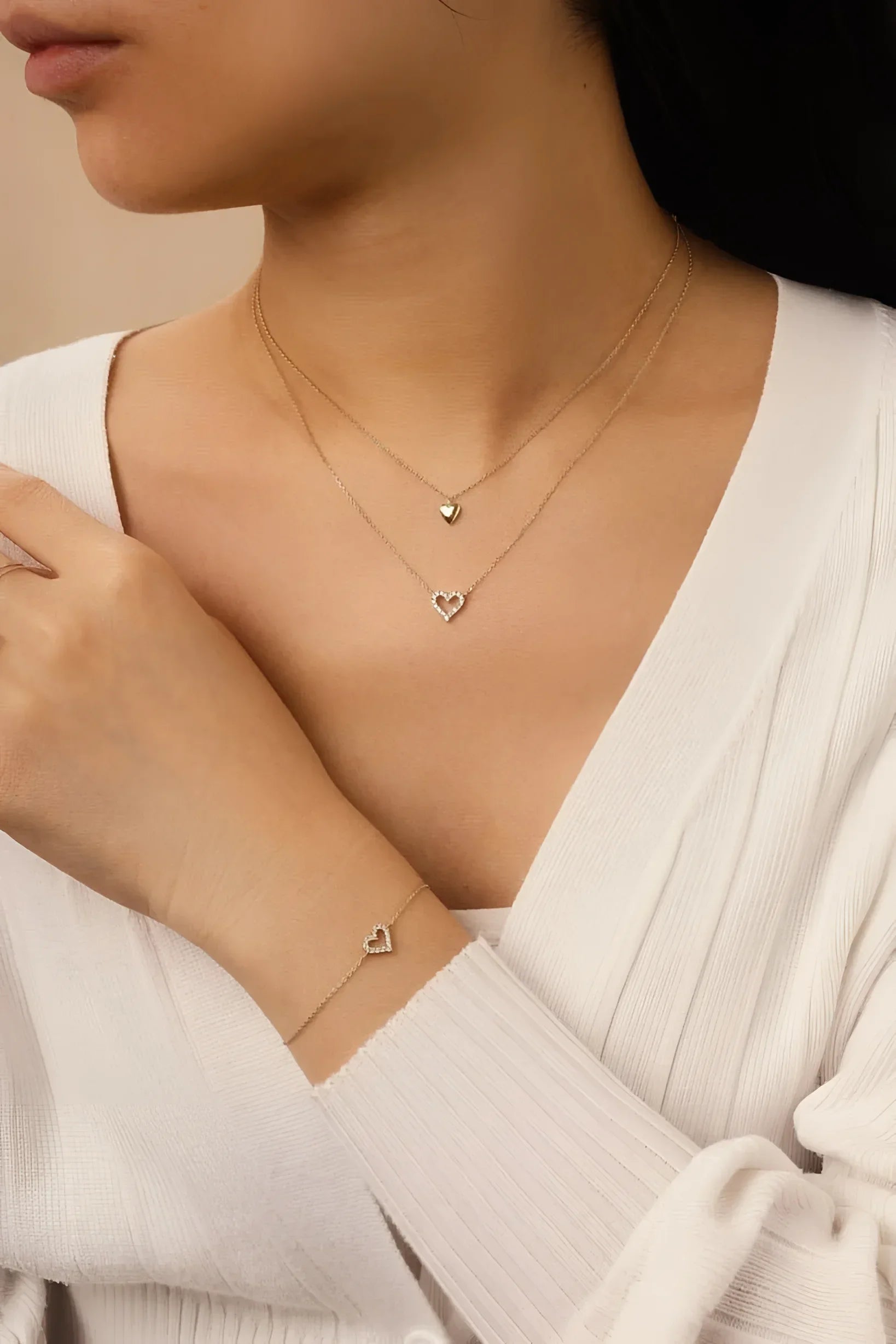 Gold heart jewelry set featuring the Micro Heart Charm Necklace perfect for gift-giving