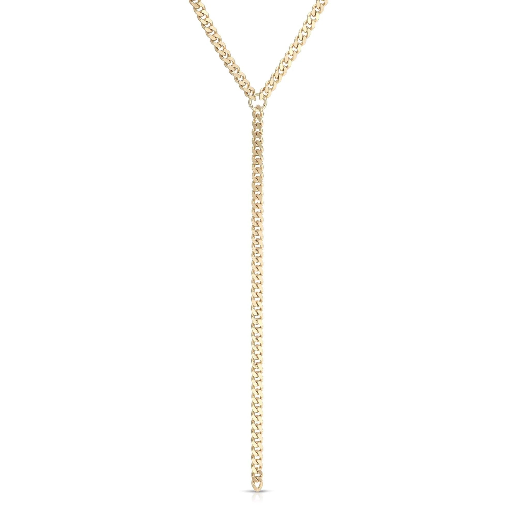 Gold Y-shaped chain necklace from Micro Link Curb Chain Lariat collection