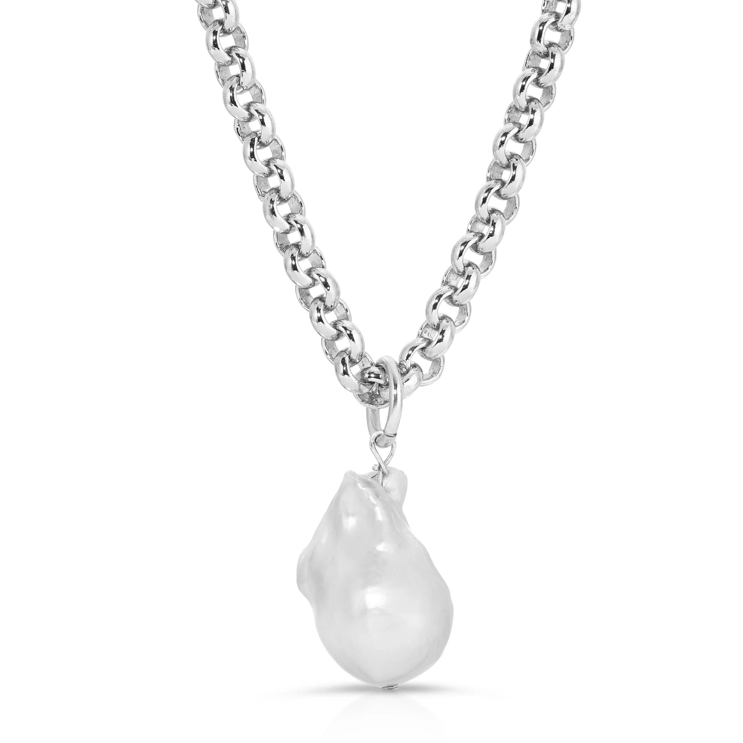 Silver chain necklace with XL Baroque Pearl pendant from Micro Royal Chain collection