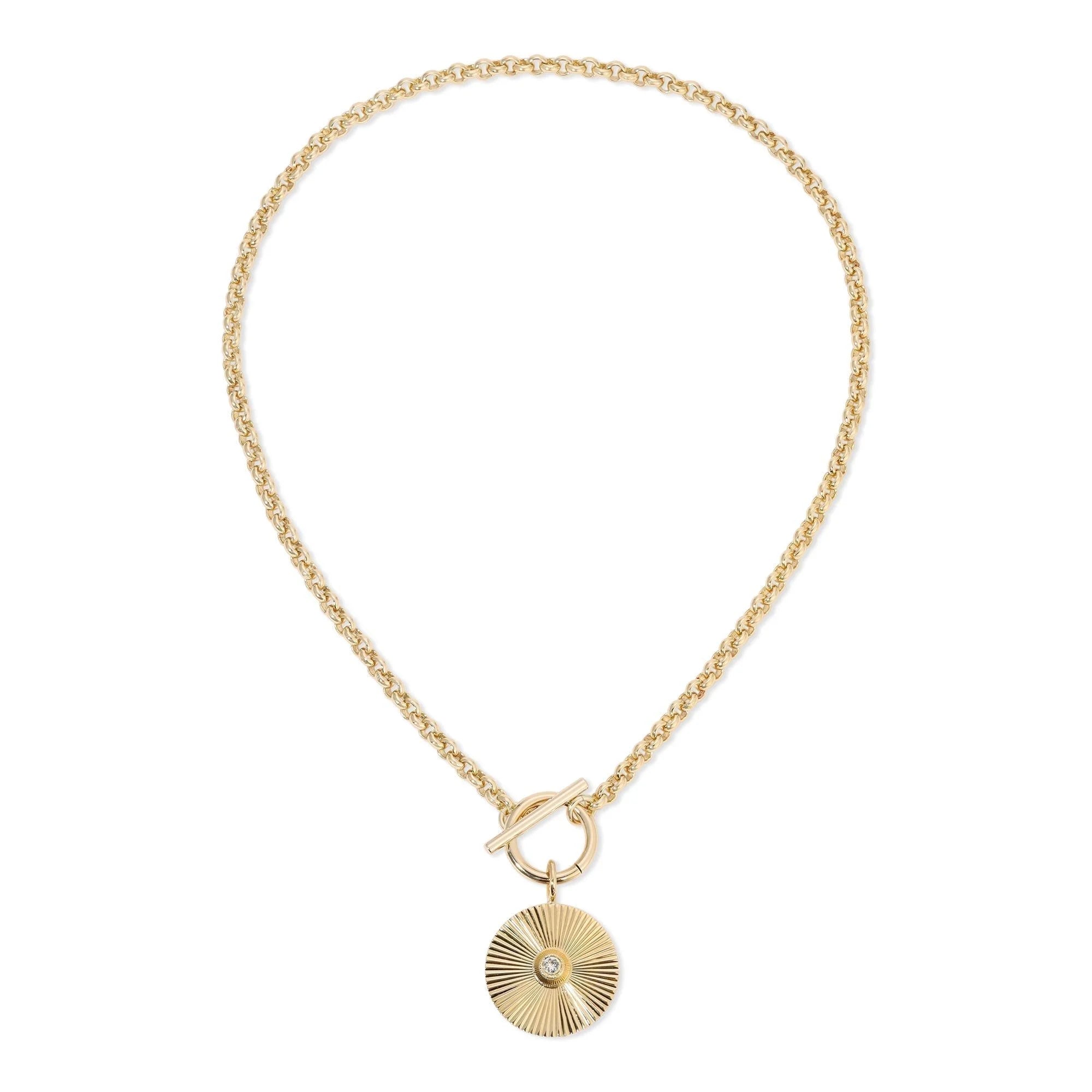 Gold chain necklace with circular Ocean Pendant from Micro Royal Toggle & Ocean Necklace
