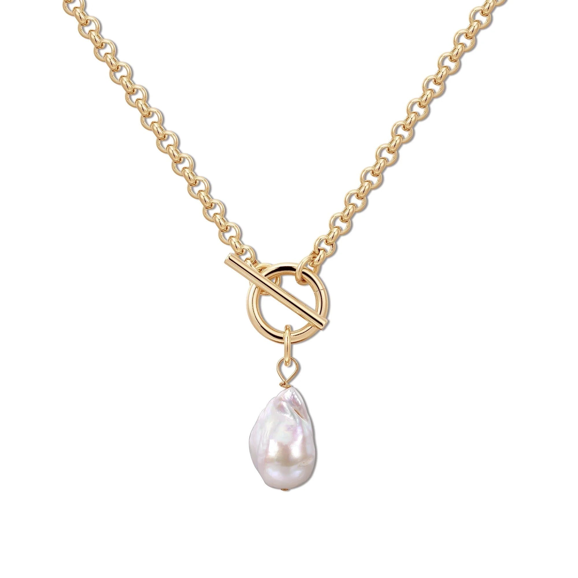 Gold chain necklace with baroque pearl pendant from Micro Royal Toggle & XL Baroque Pearl Pendant Necklace