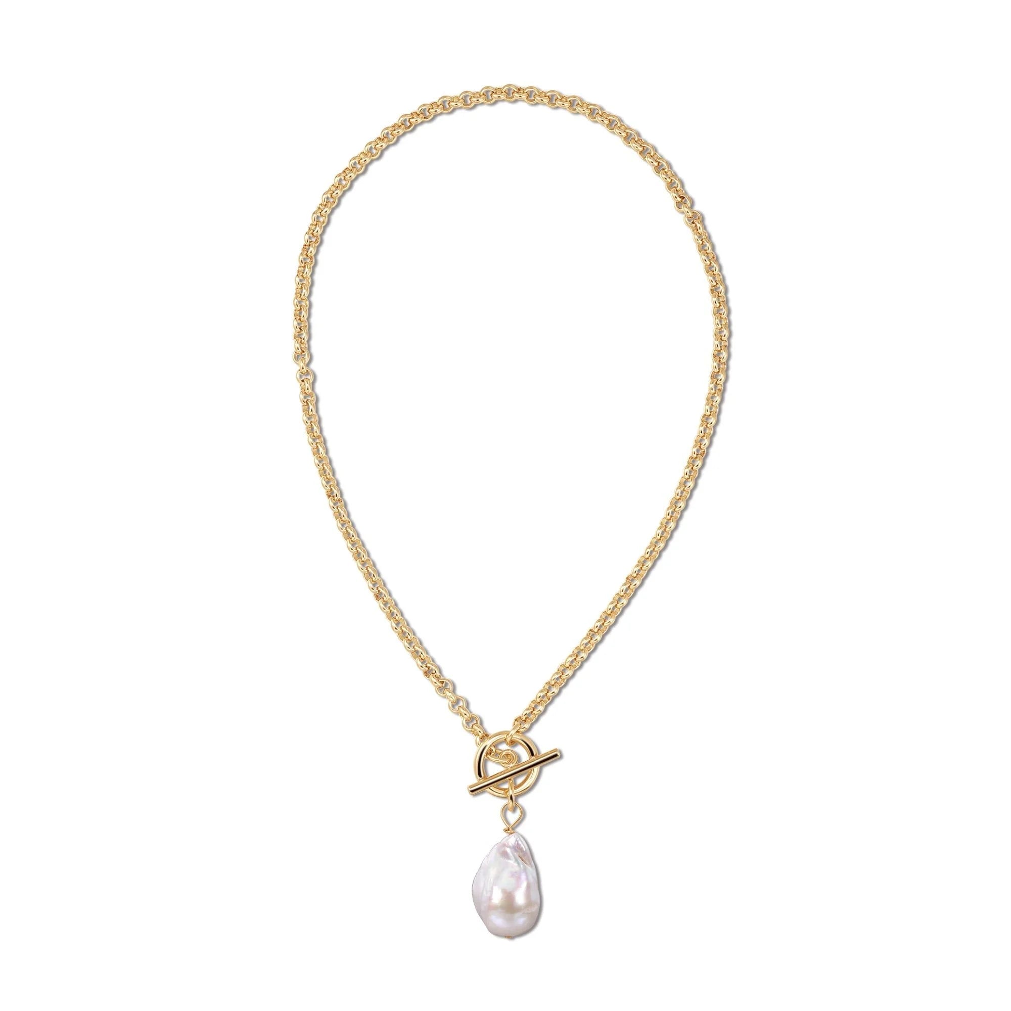 Gold chain necklace with baroque pearl pendant from Micro Royal Toggle & XL Baroque Pearl Necklace