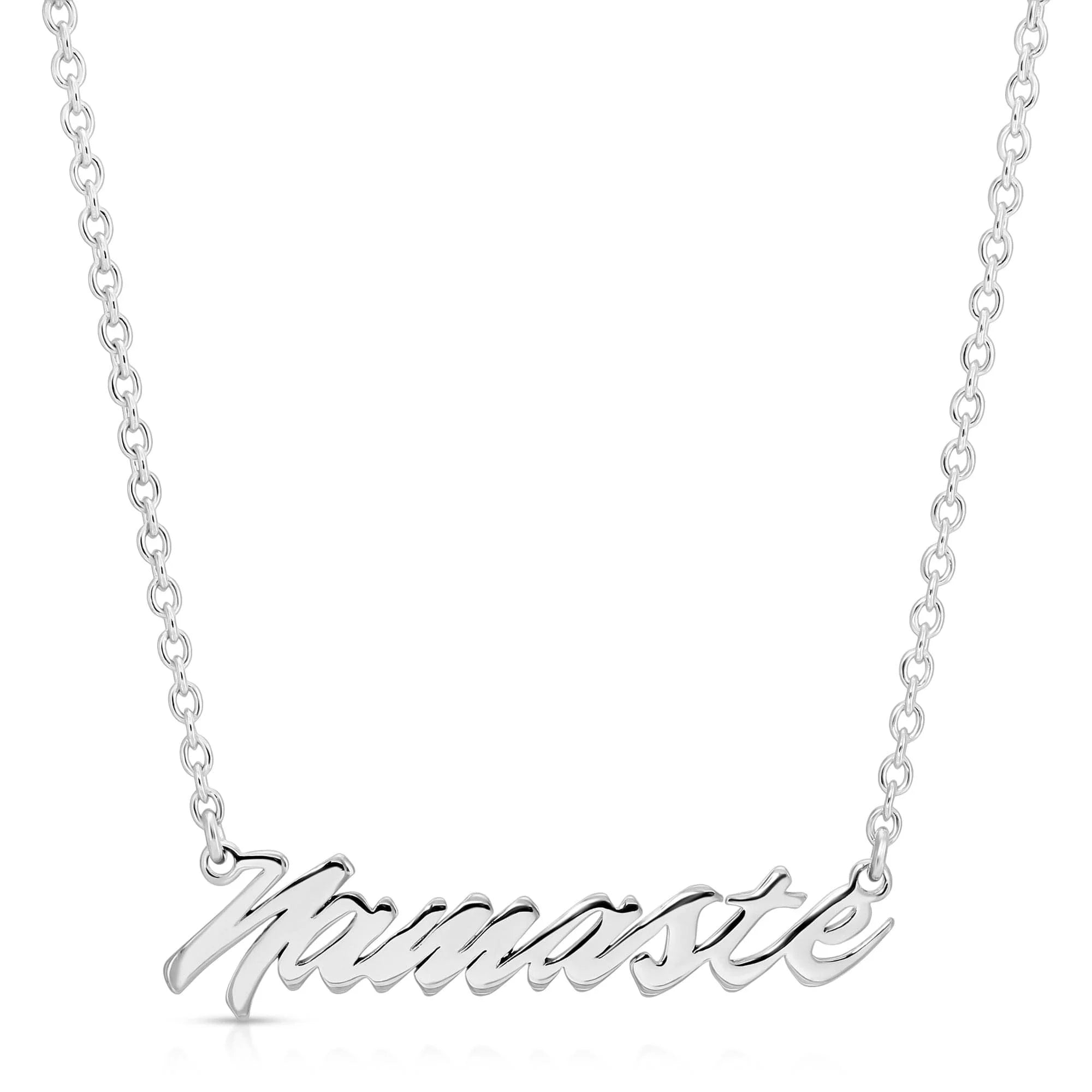 Silver Namaste Script Necklace showing a stylish and meaningful jewelry piece