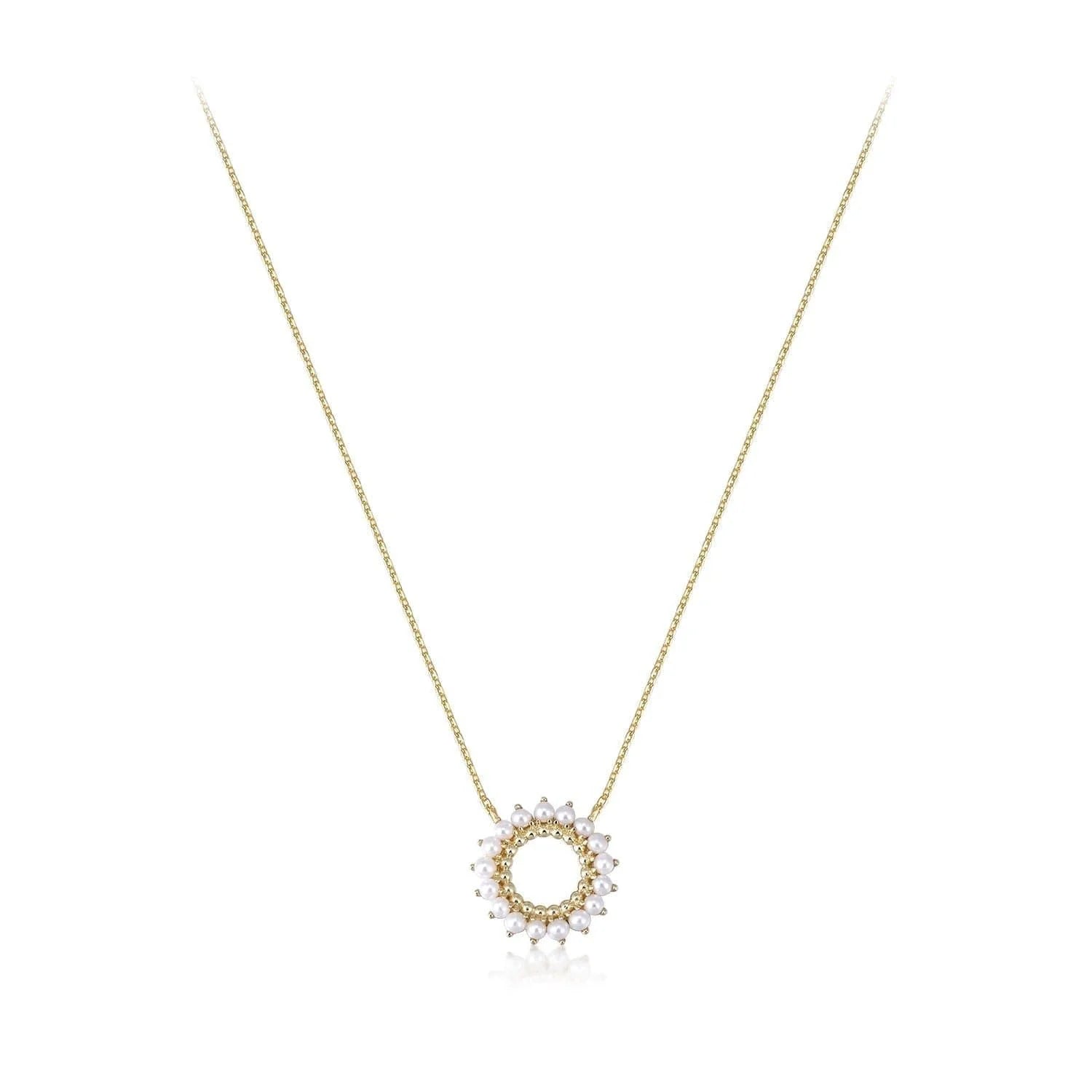 Gold chain necklace with open center circular pearl pendant for stylish look