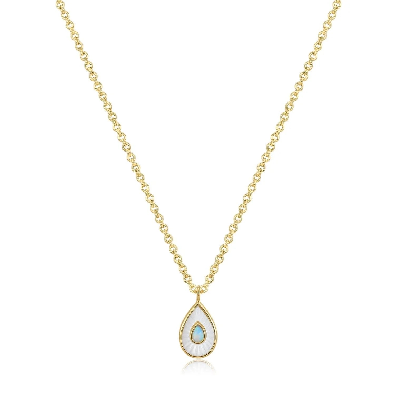 Gold chain necklace with a beautiful teardrop-shaped opal pendant from Pear Shaped Mop Pendant With Opal Necklace