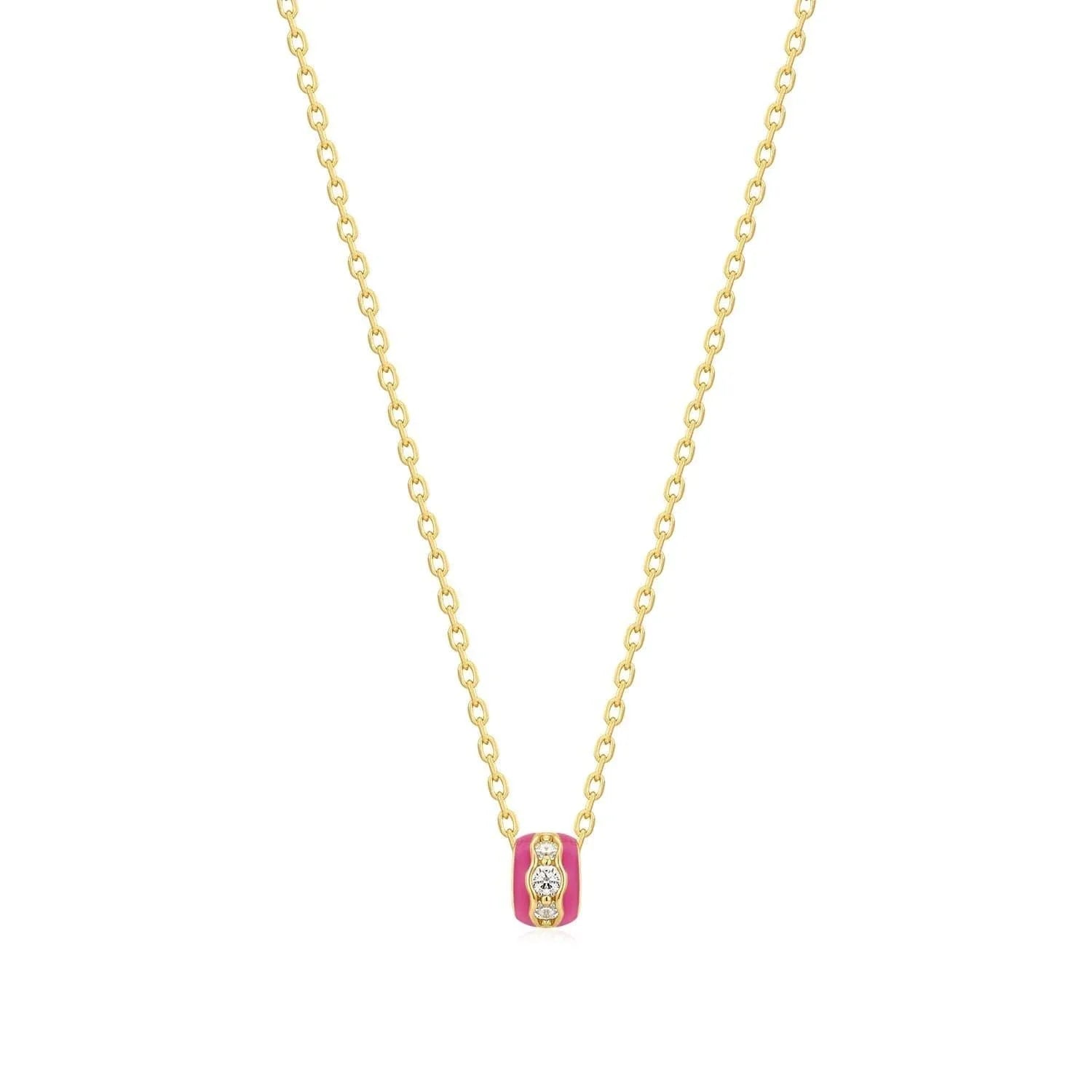 Pink enamel and CZ channel rondelle necklace with gold chain and diamond pendant