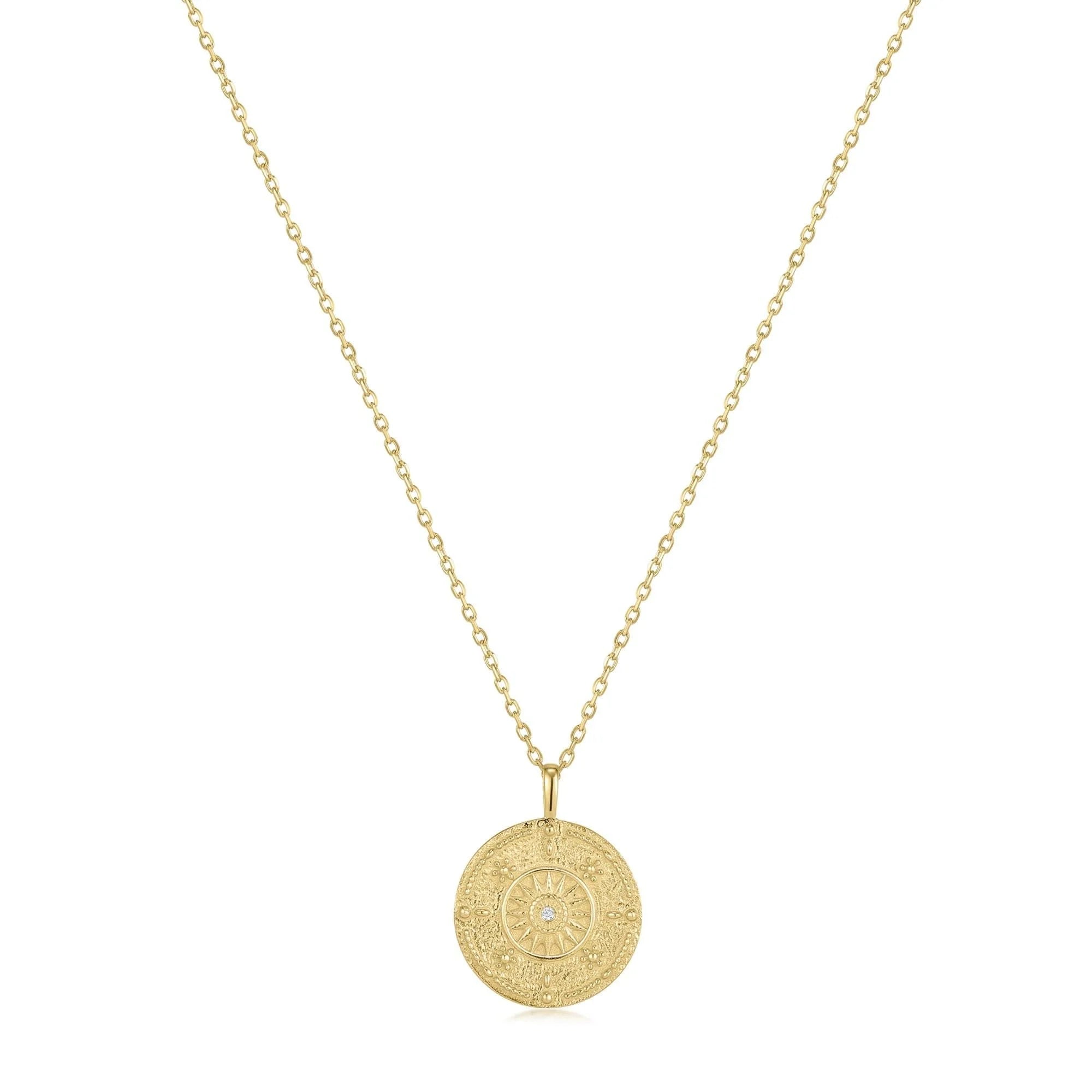 Round Sun Pendant With CZ Center Stone Necklace - 14k Gold Vermeil - Pendant Necklaces