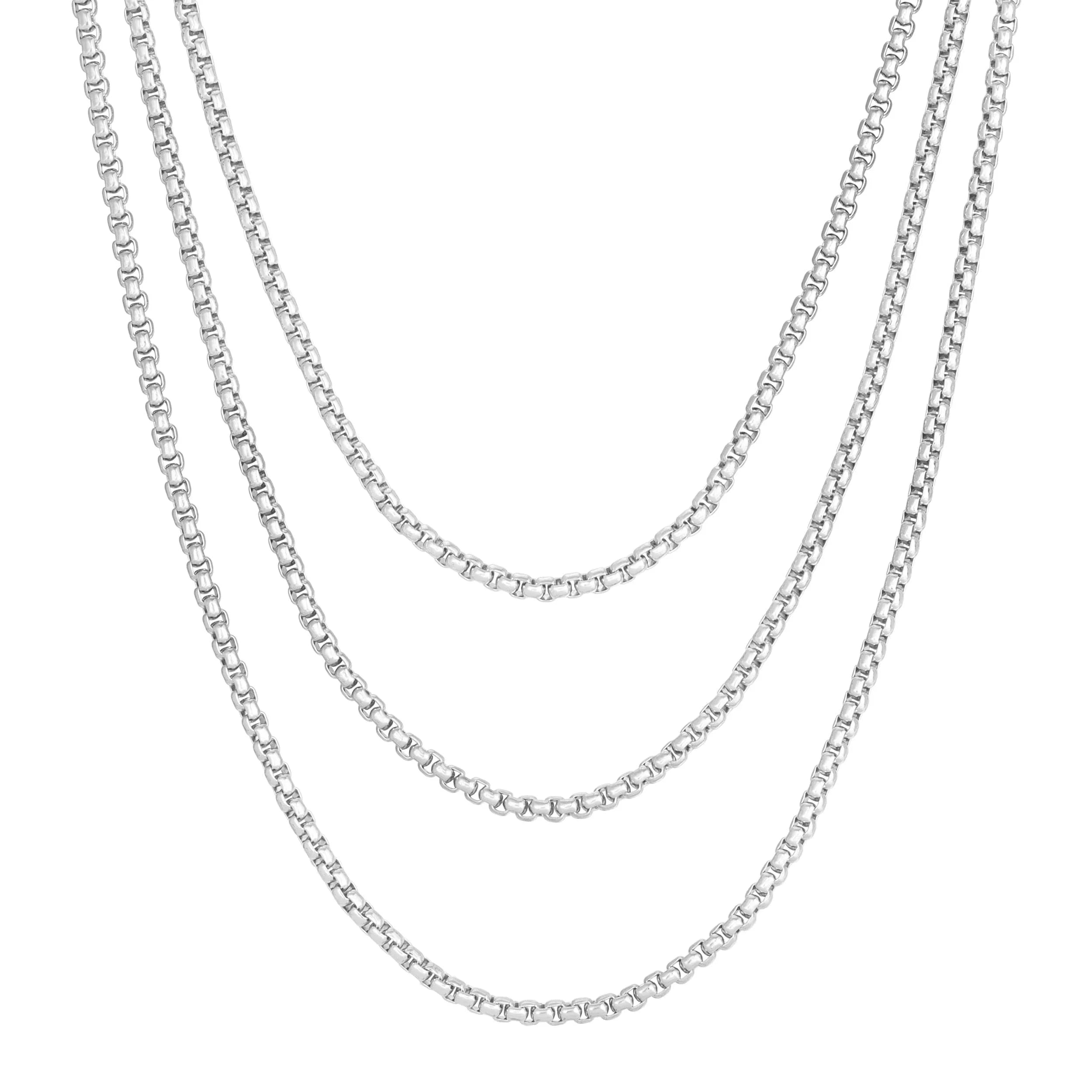 Three silver triple layer thin Luciana box chain necklaces displayed together