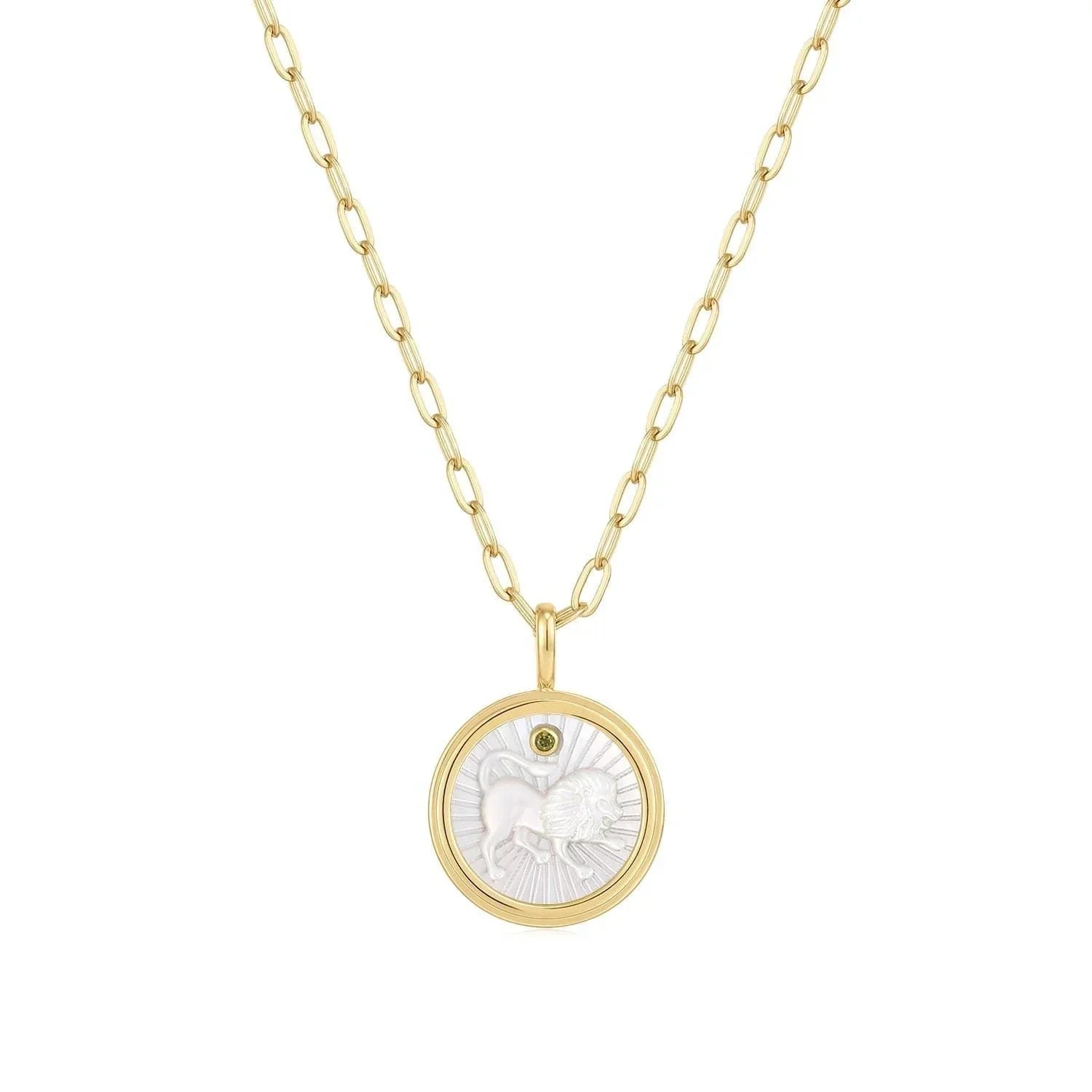 Gold chain necklace with Zodiac Leo pendant and Mother of Pearl details