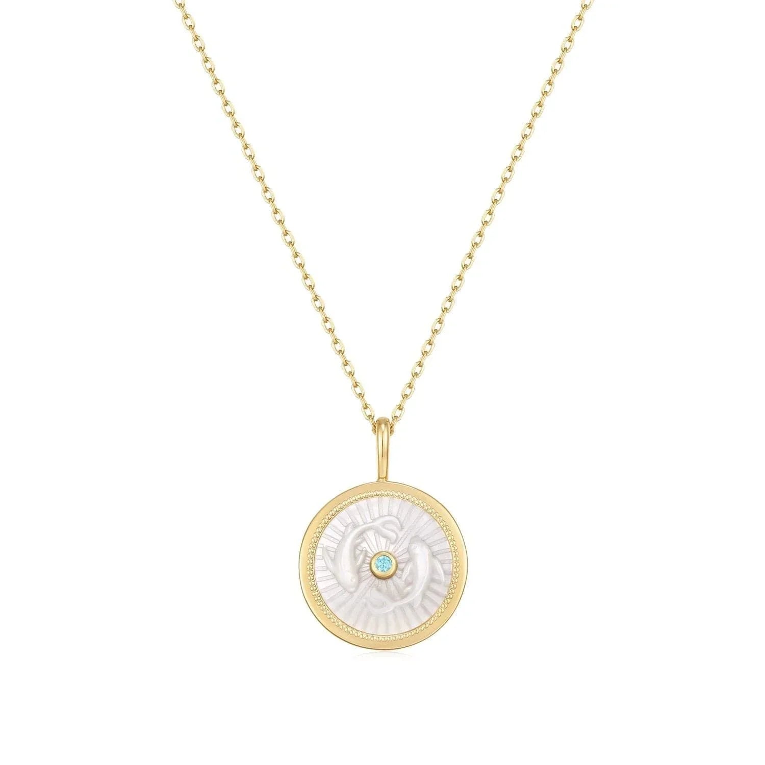 Gold Necklace with Pisces Zodiac Pendant and Mother of Pearl Detail